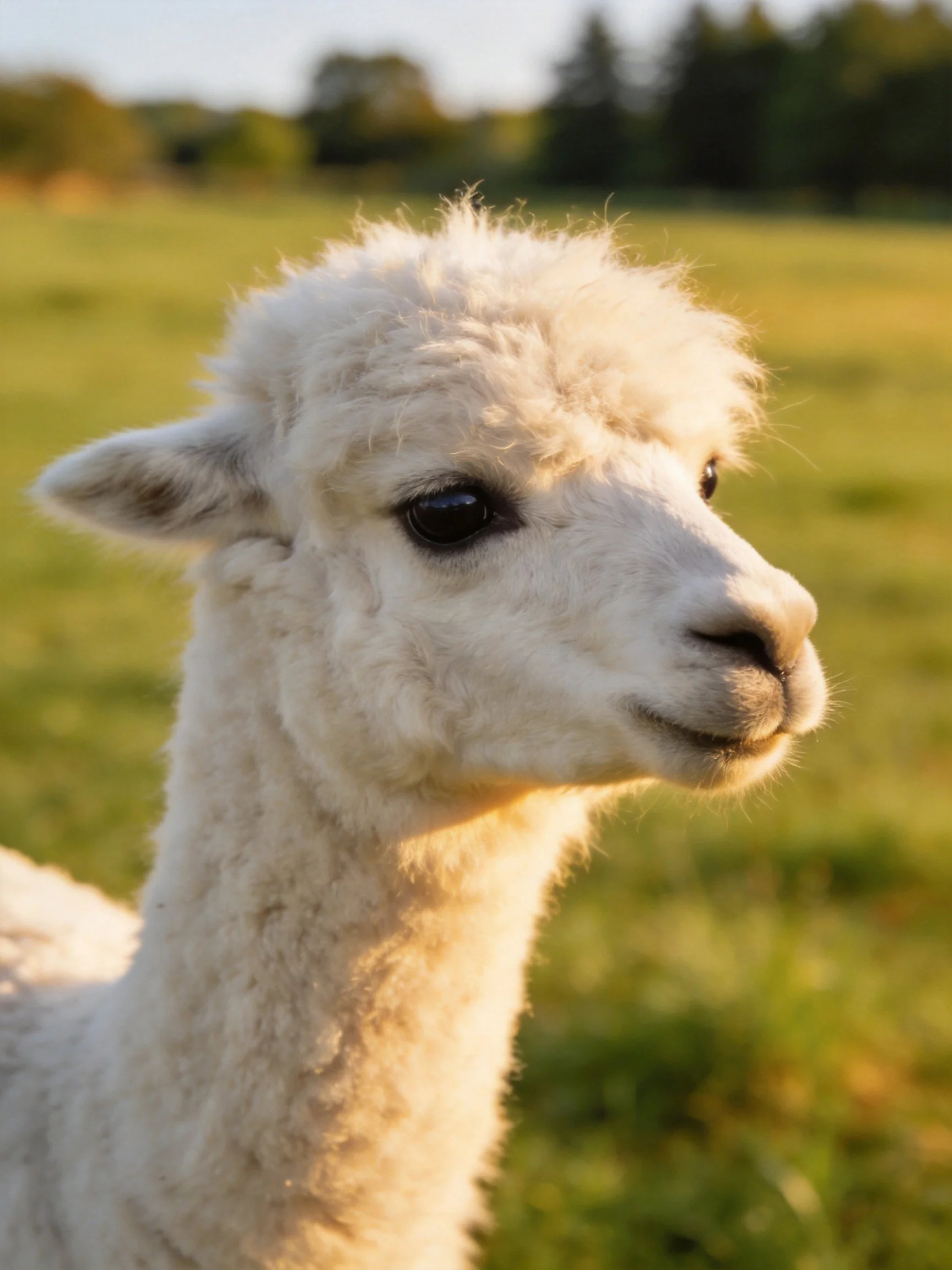 A fluffy white alpaca stands in a sunlit green meadow