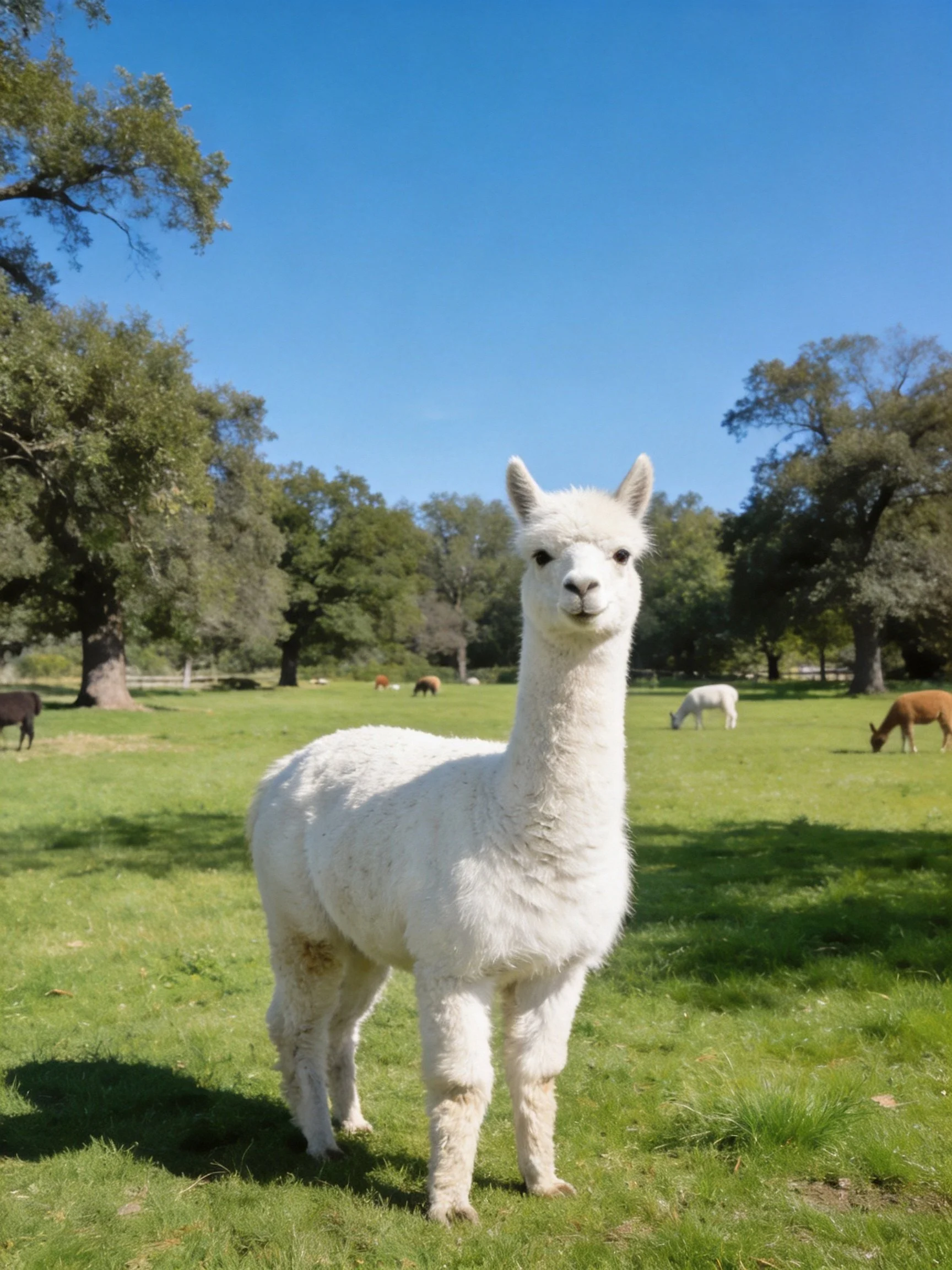 A fluffy white alpaca stands in a sunny grassy field with trees