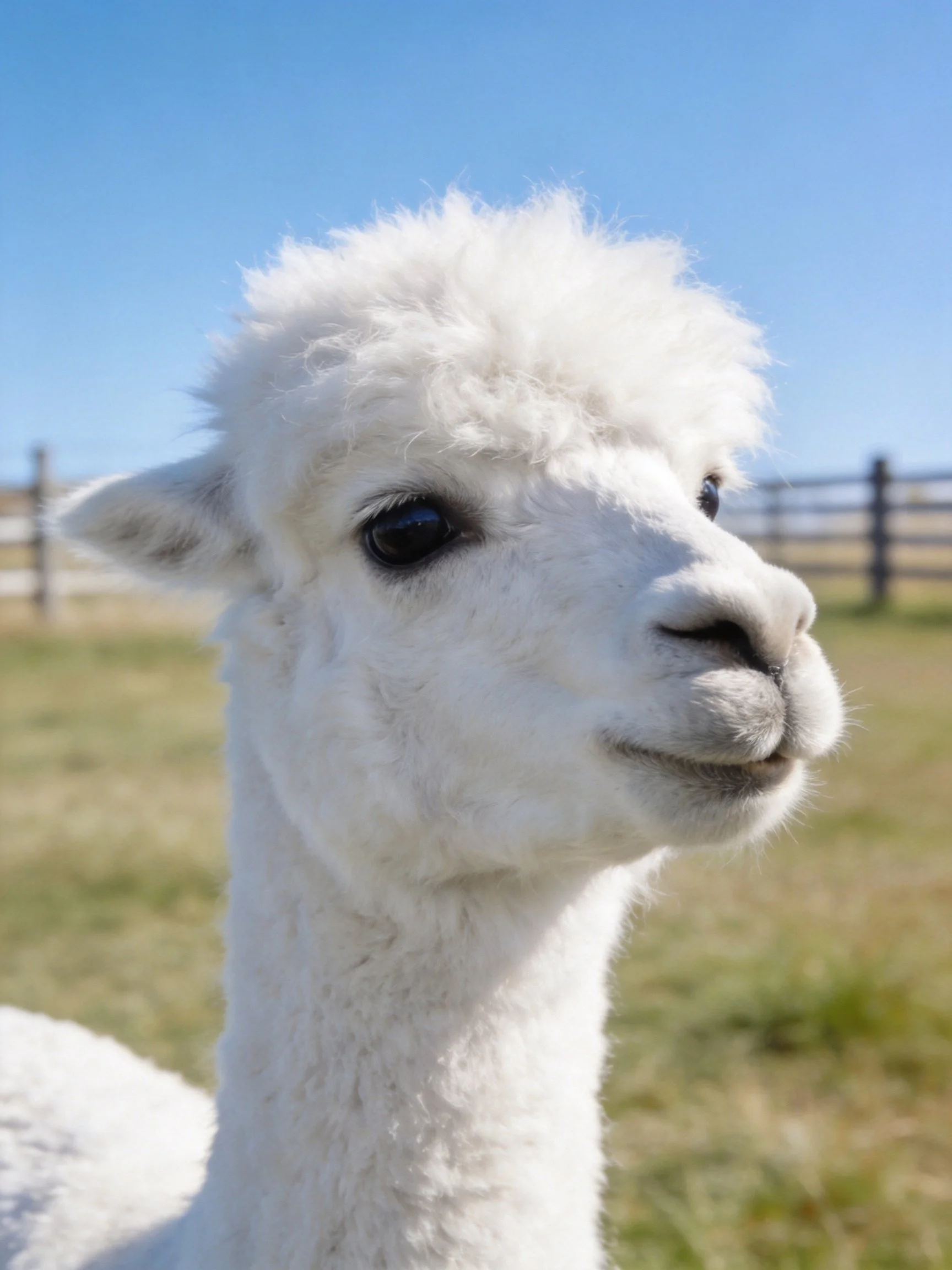 A fluffy white alpaca stands in a sunny pasture near a wooden fence