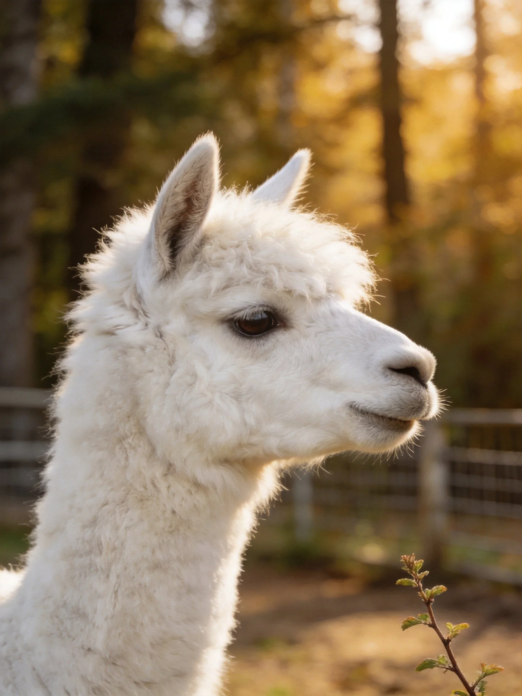 A fluffy white alpaca stands near a branch in a sunlit enclosure
