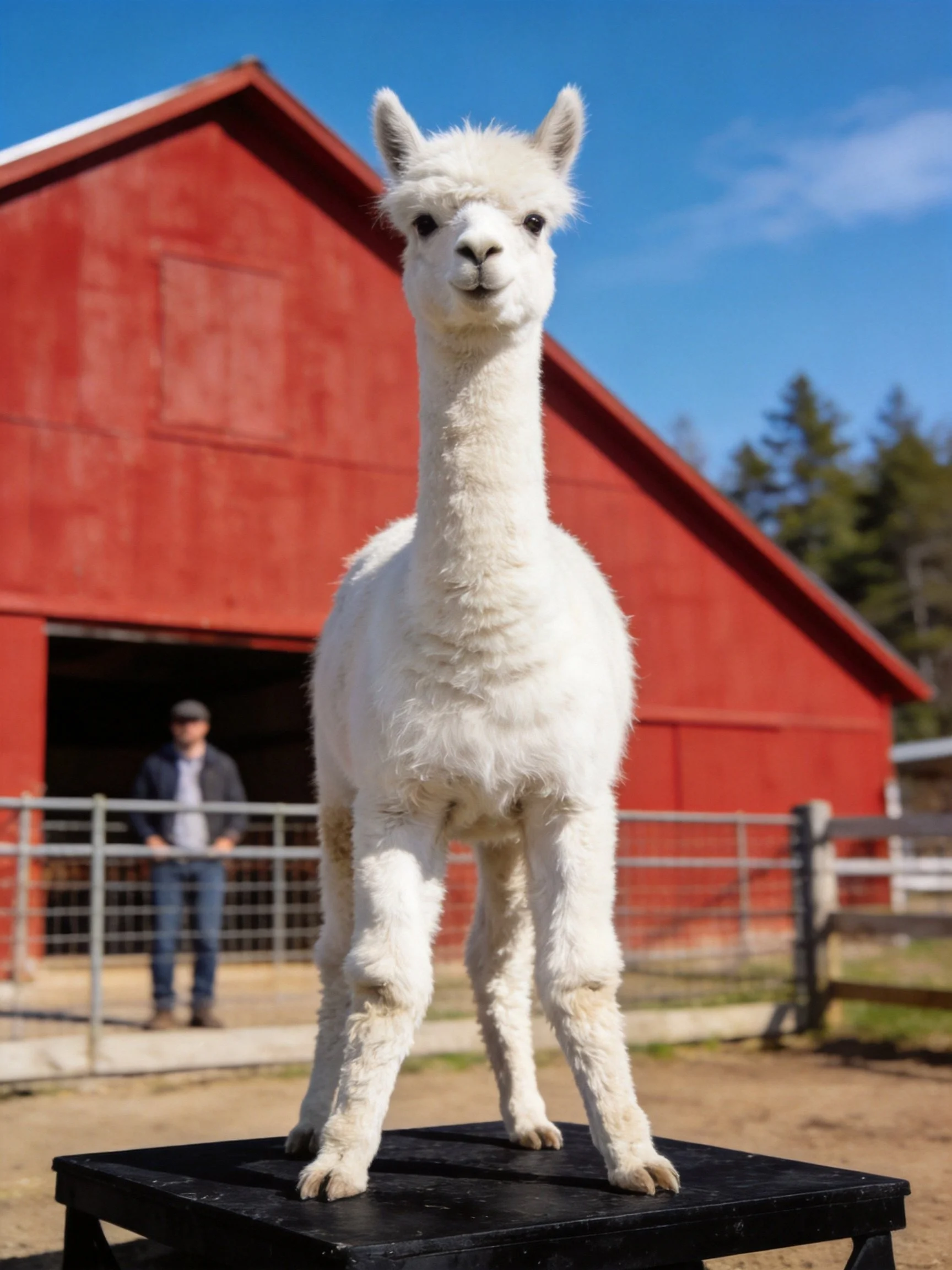 A fluffy white alpaca stands on a black platform near a red barn