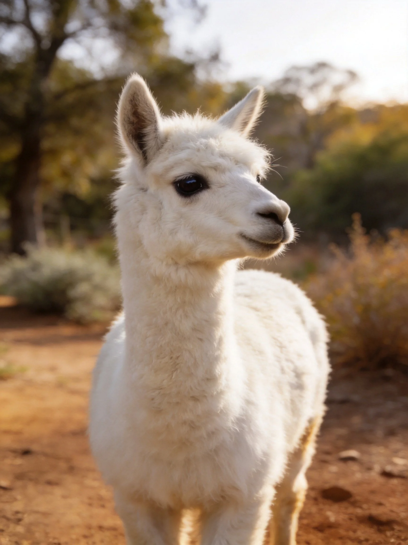 A fluffy white alpaca stands on reddish dirt path in nature.