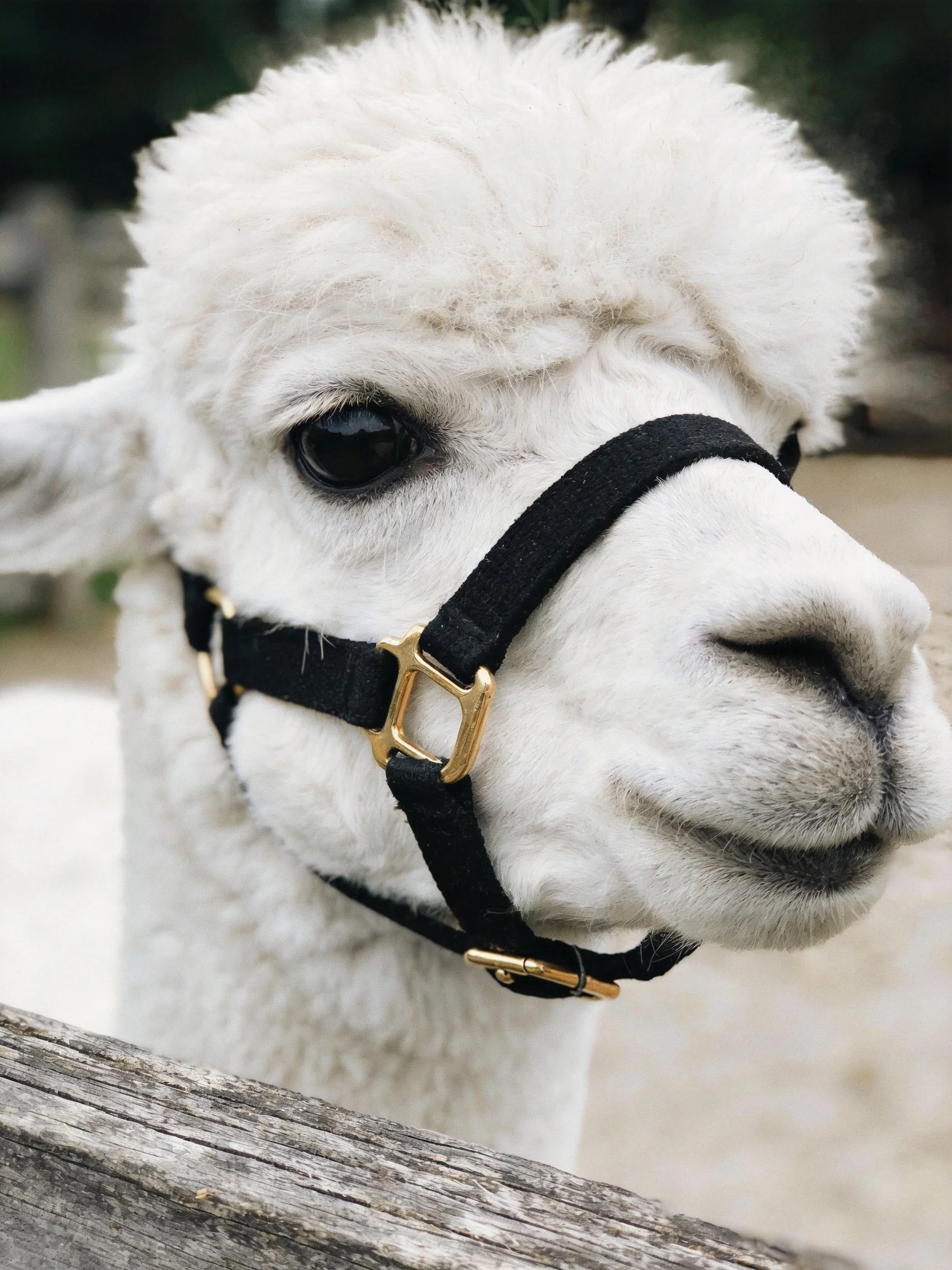 A fluffy white alpaca with a black halter stands close to a wooden fence.