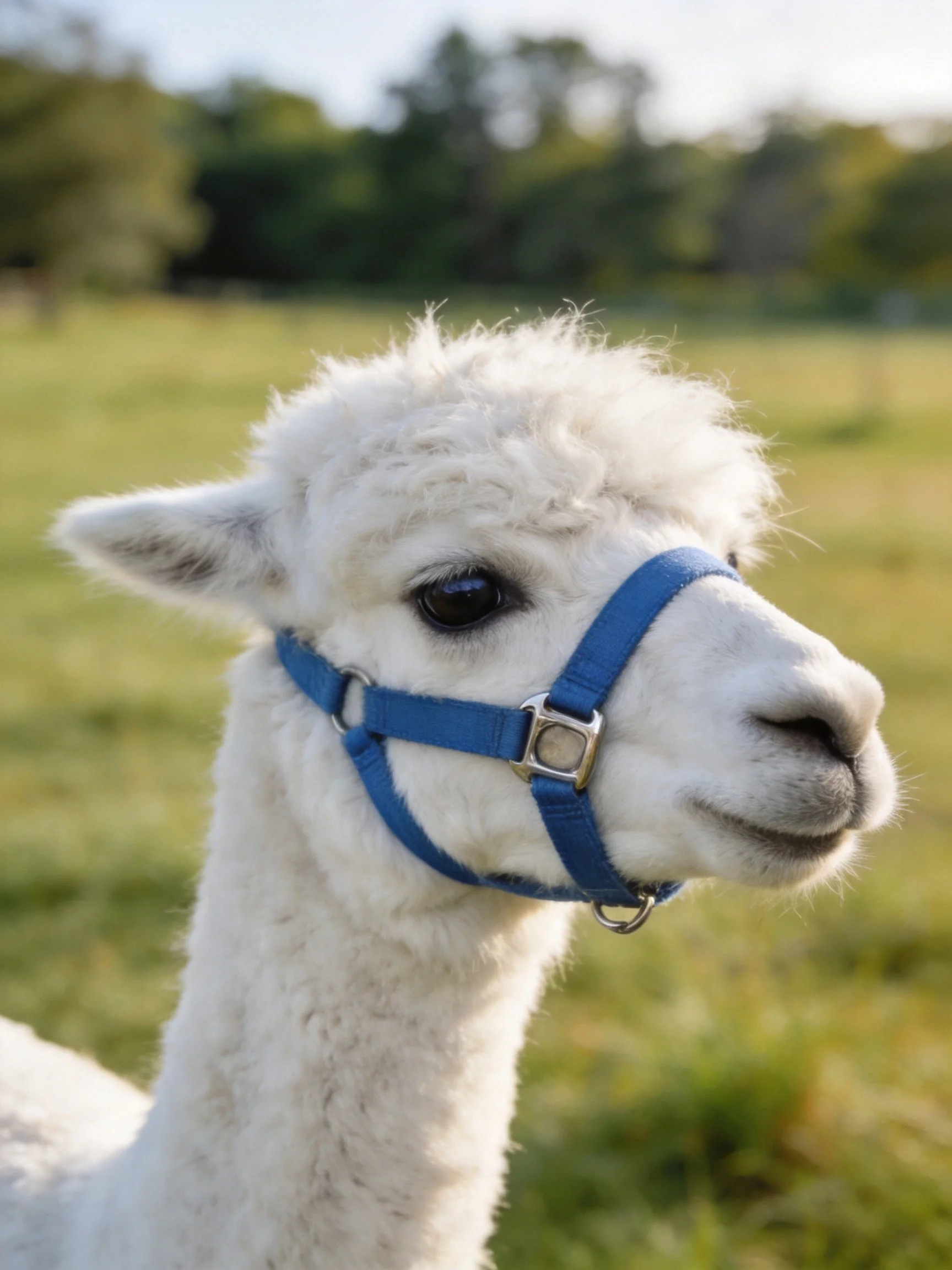 A fluffy white alpaca with a blue halter is in a green outdoor setting.