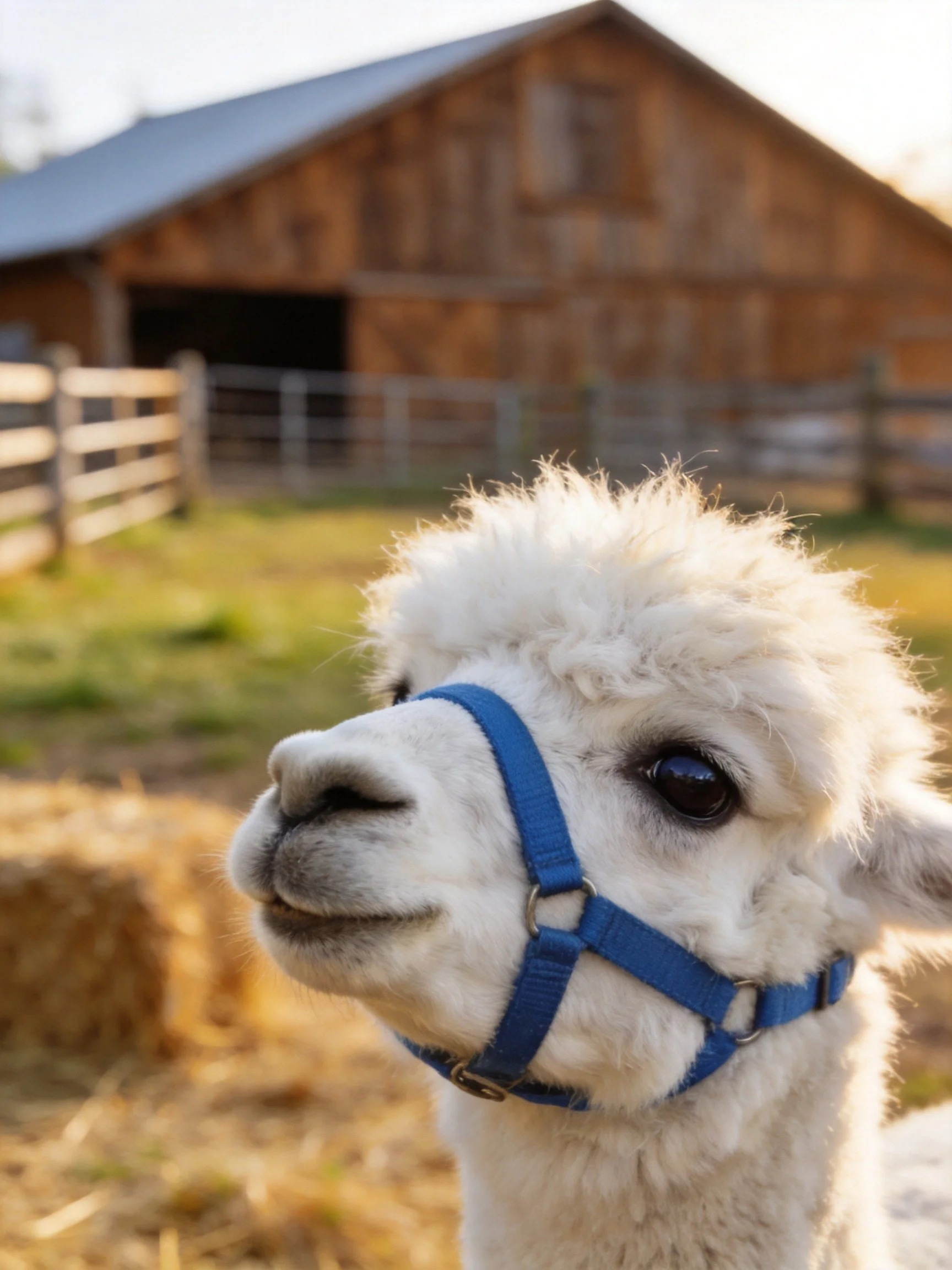 A close - up of a fluffy white alpaca with a blue halter beside a wooden barn.