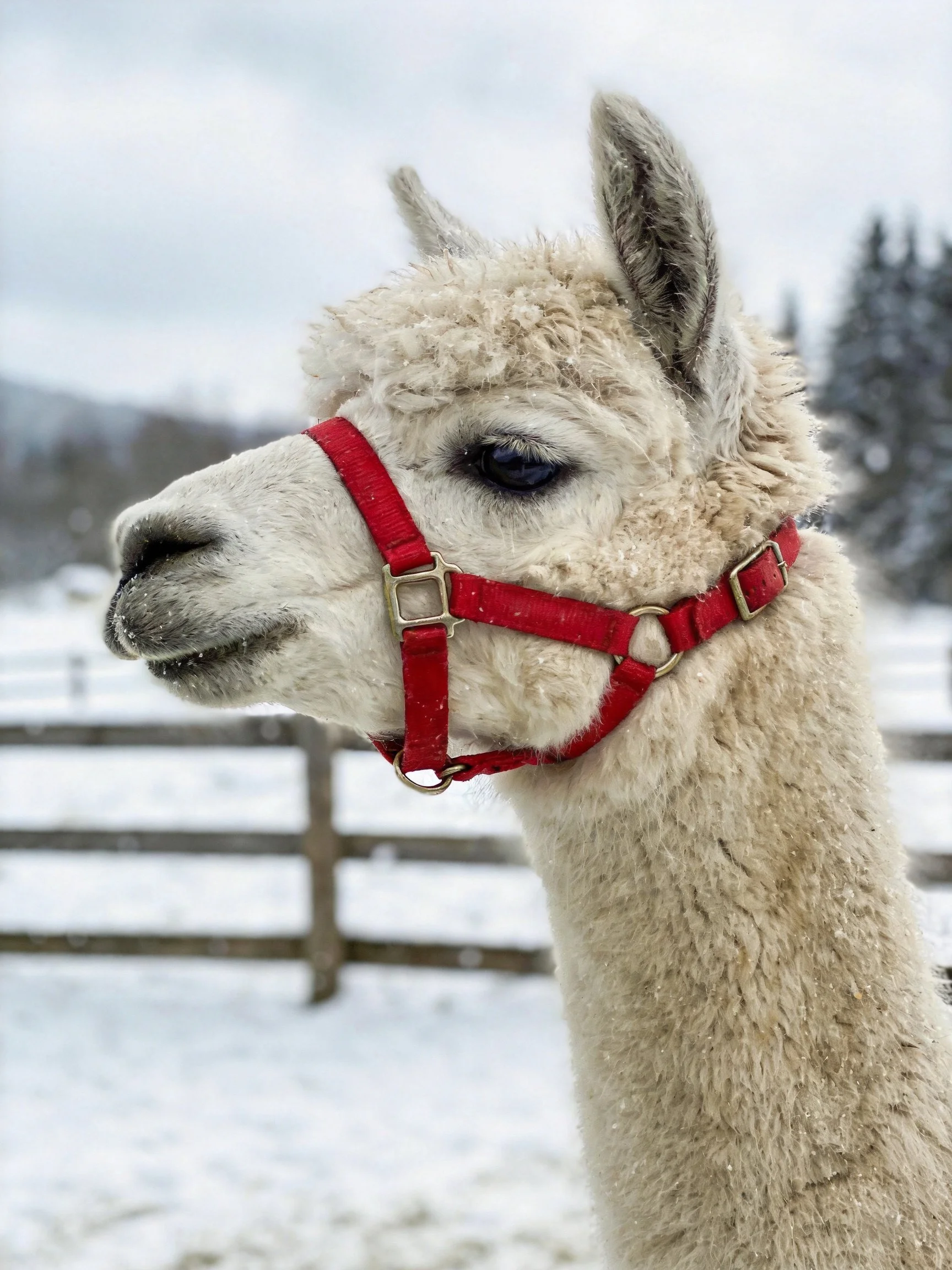 A fluffy white alpaca with a bright red halter in a snowy landscape