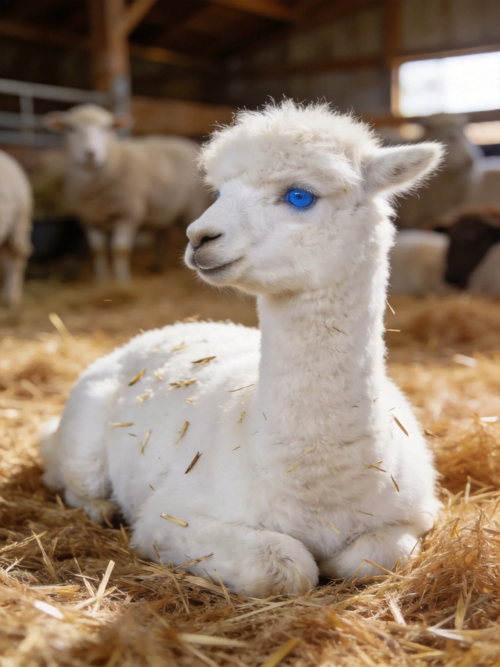 A fluffy white alpaca with bright blue eyes rests on golden straw