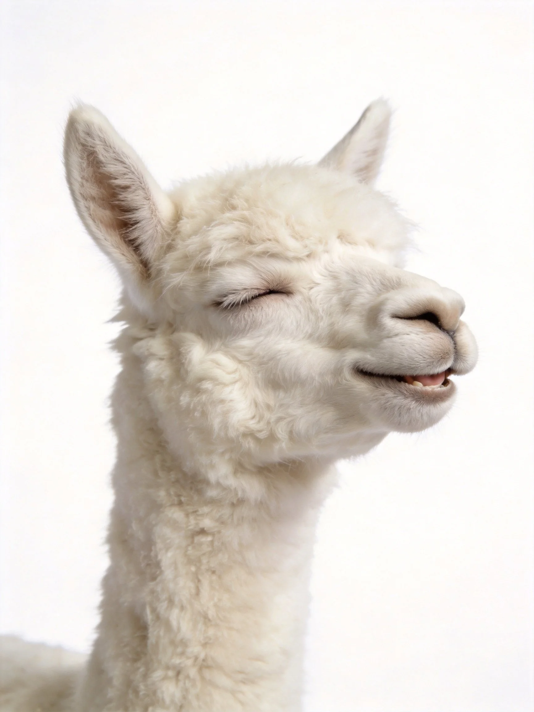 A fluffy white alpaca with closed eyes against a plain background