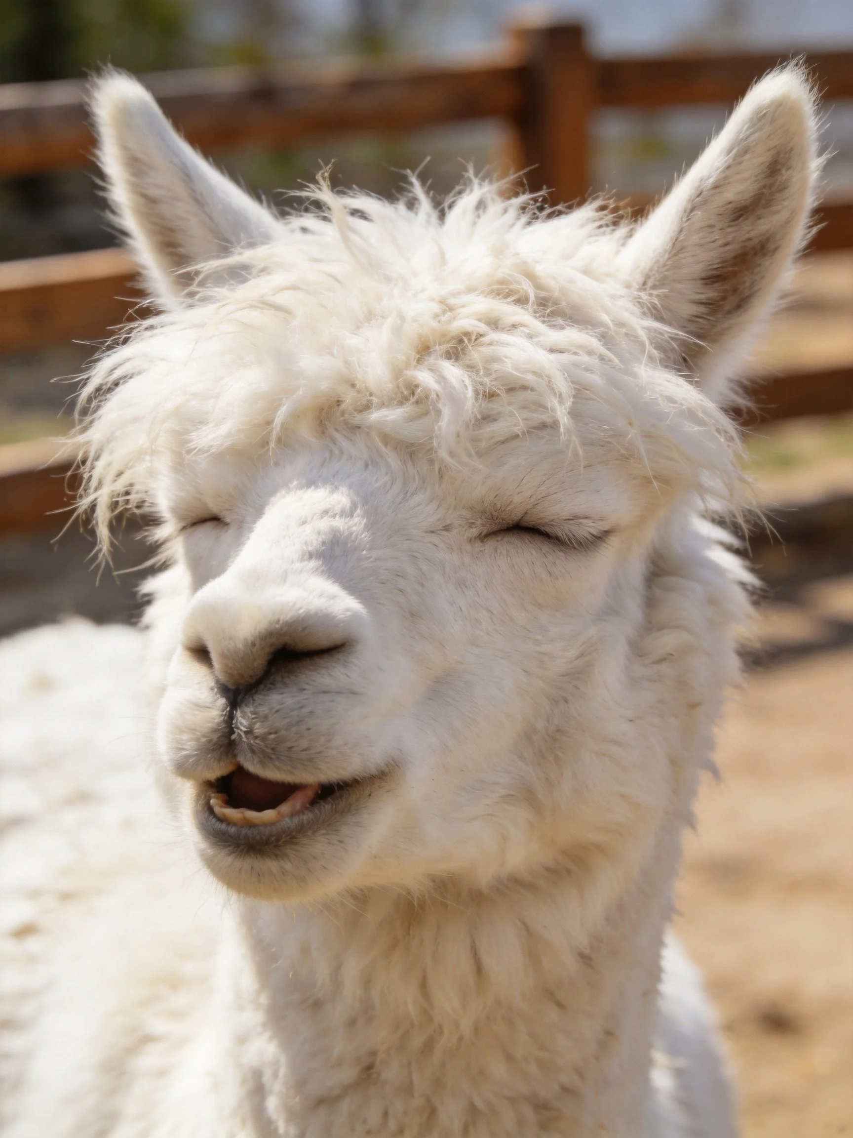 A fluffy white alpaca with closed eyes in a fenced enclosure