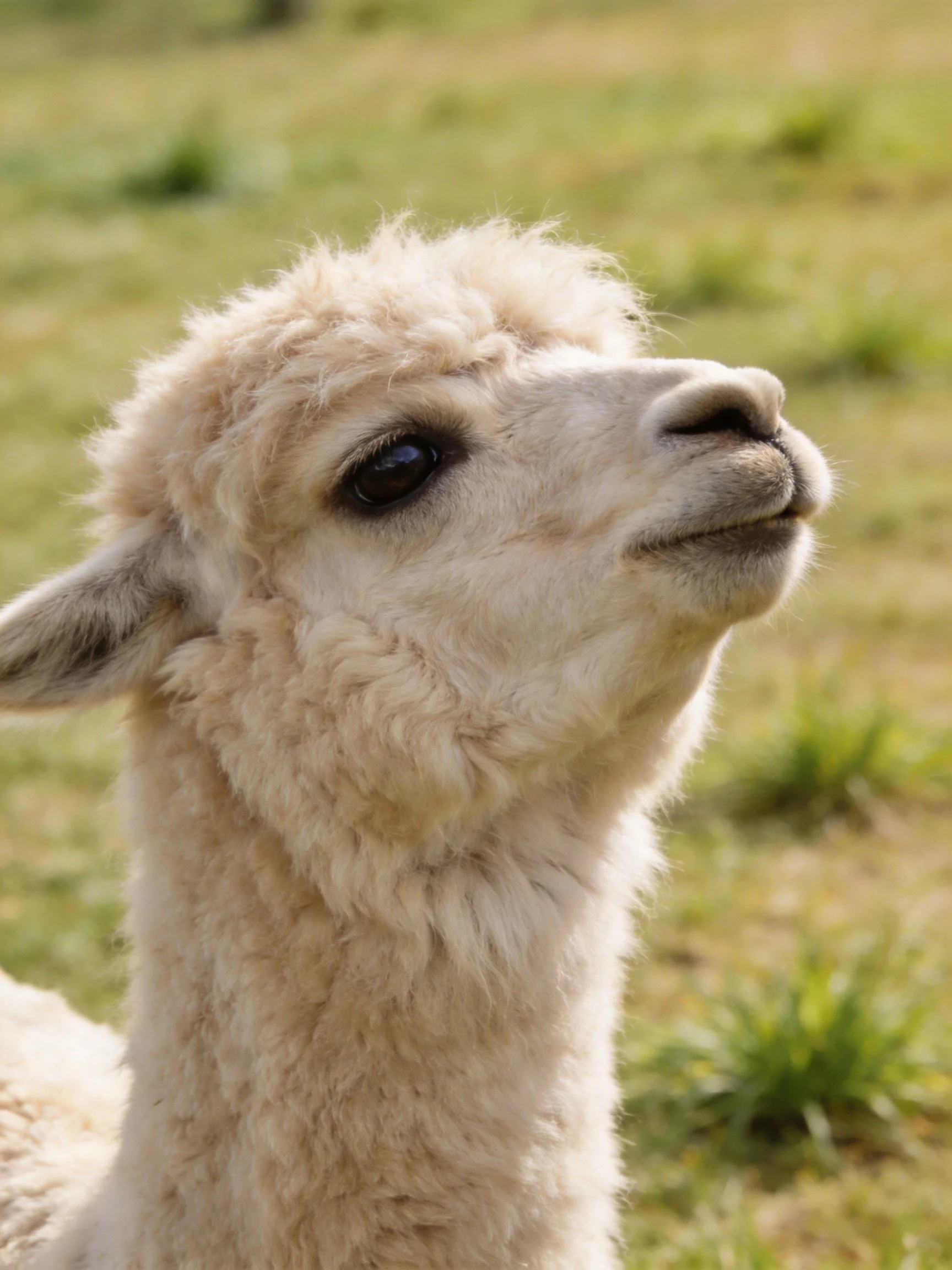 A fluffy white alpaca with curly fur in a sunlit green field