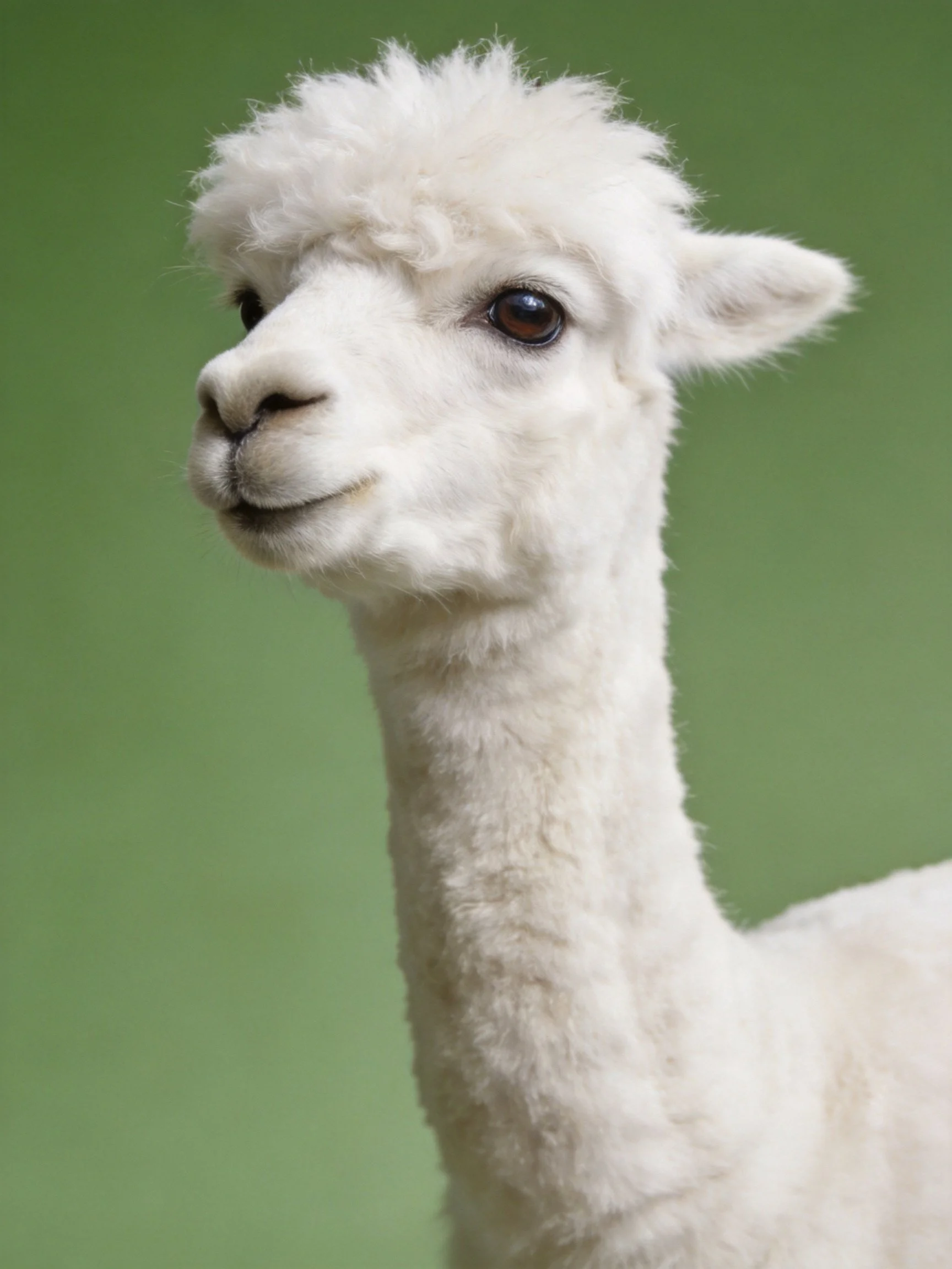 A fluffy white alpaca with curly head near a solid green backdrop