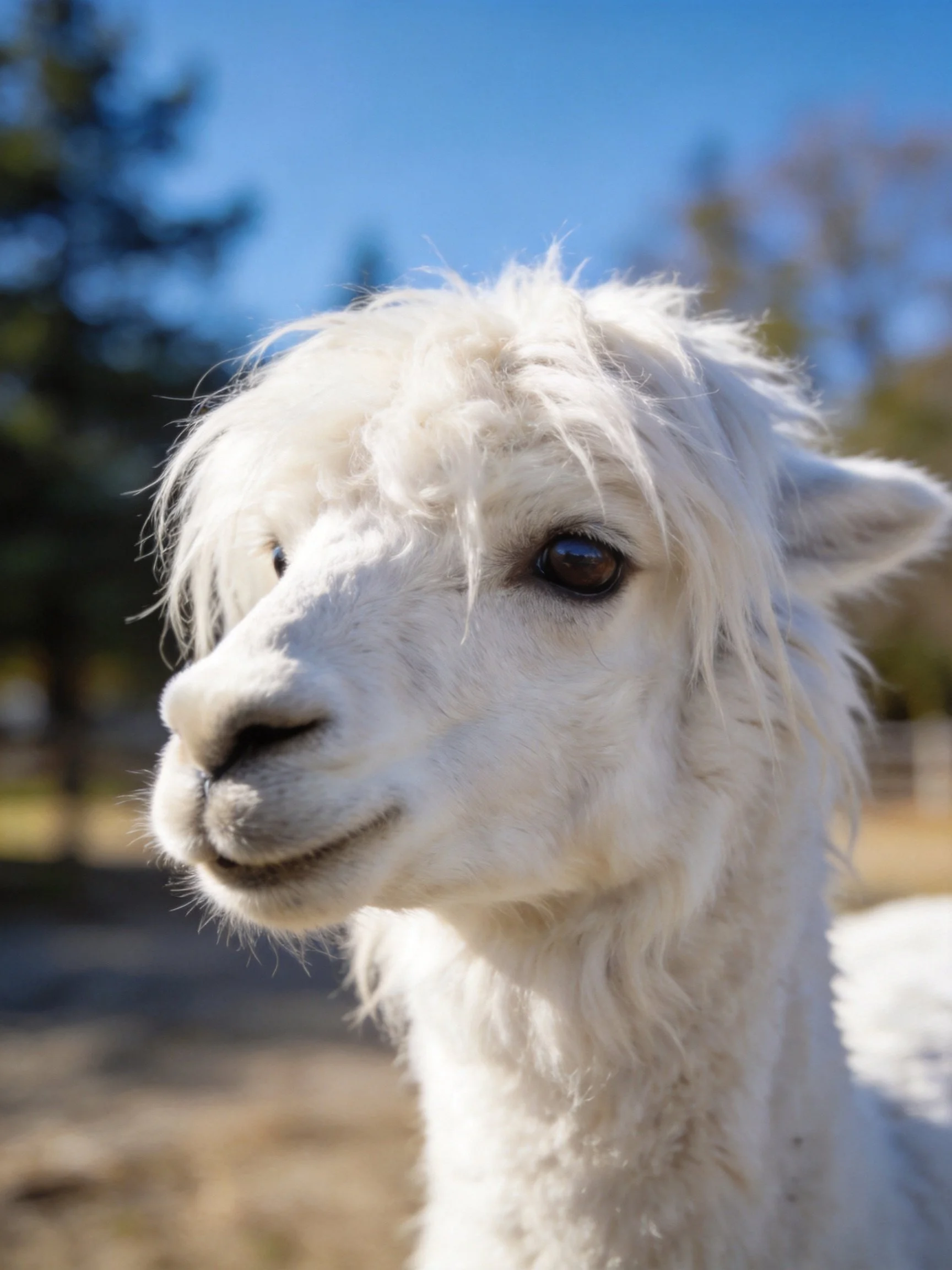 A fluffy white alpaca with dark eyes in a sunny outdoor setting