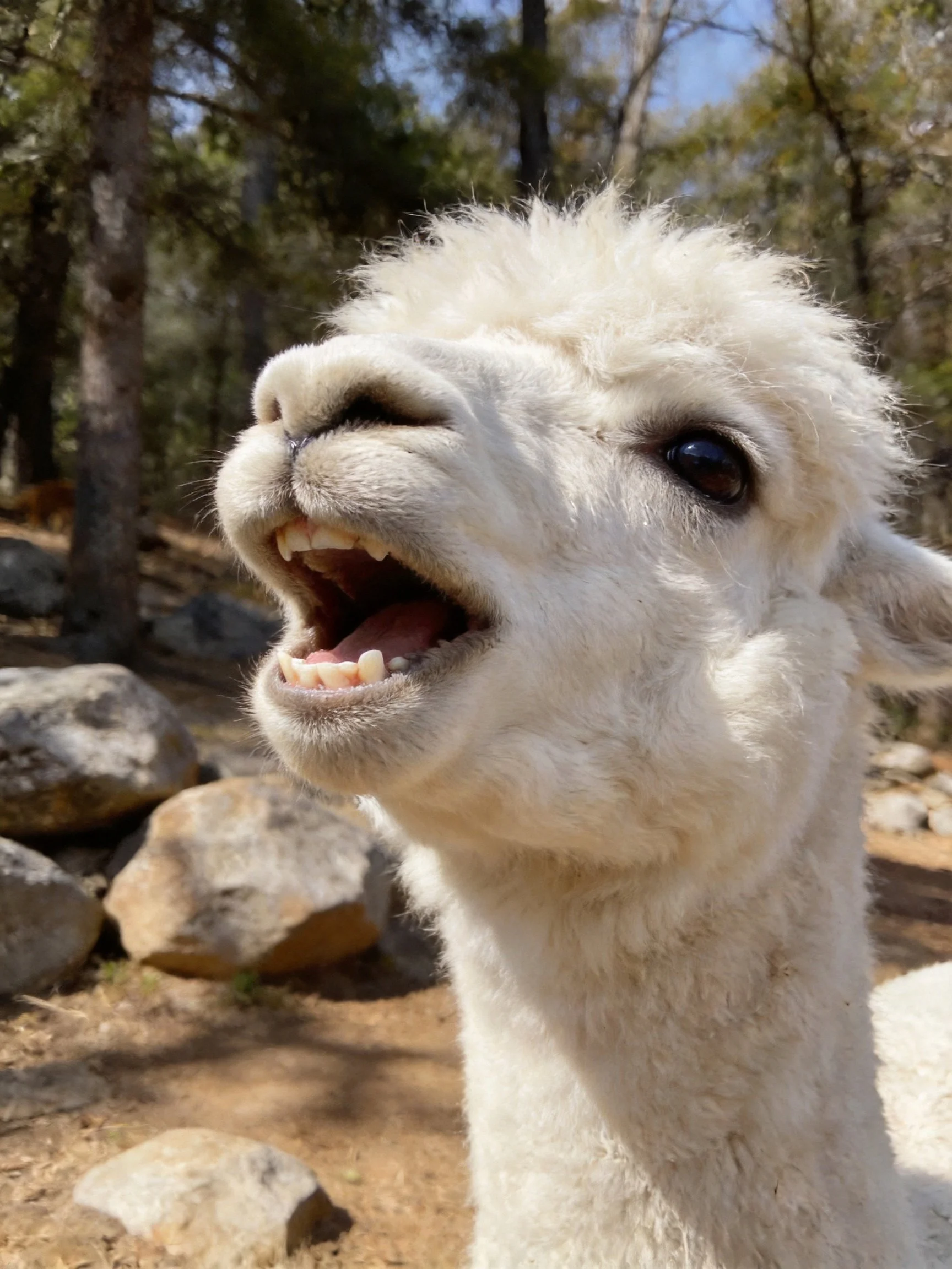 A fluffy white alpaca with open mouth near rocks and trees