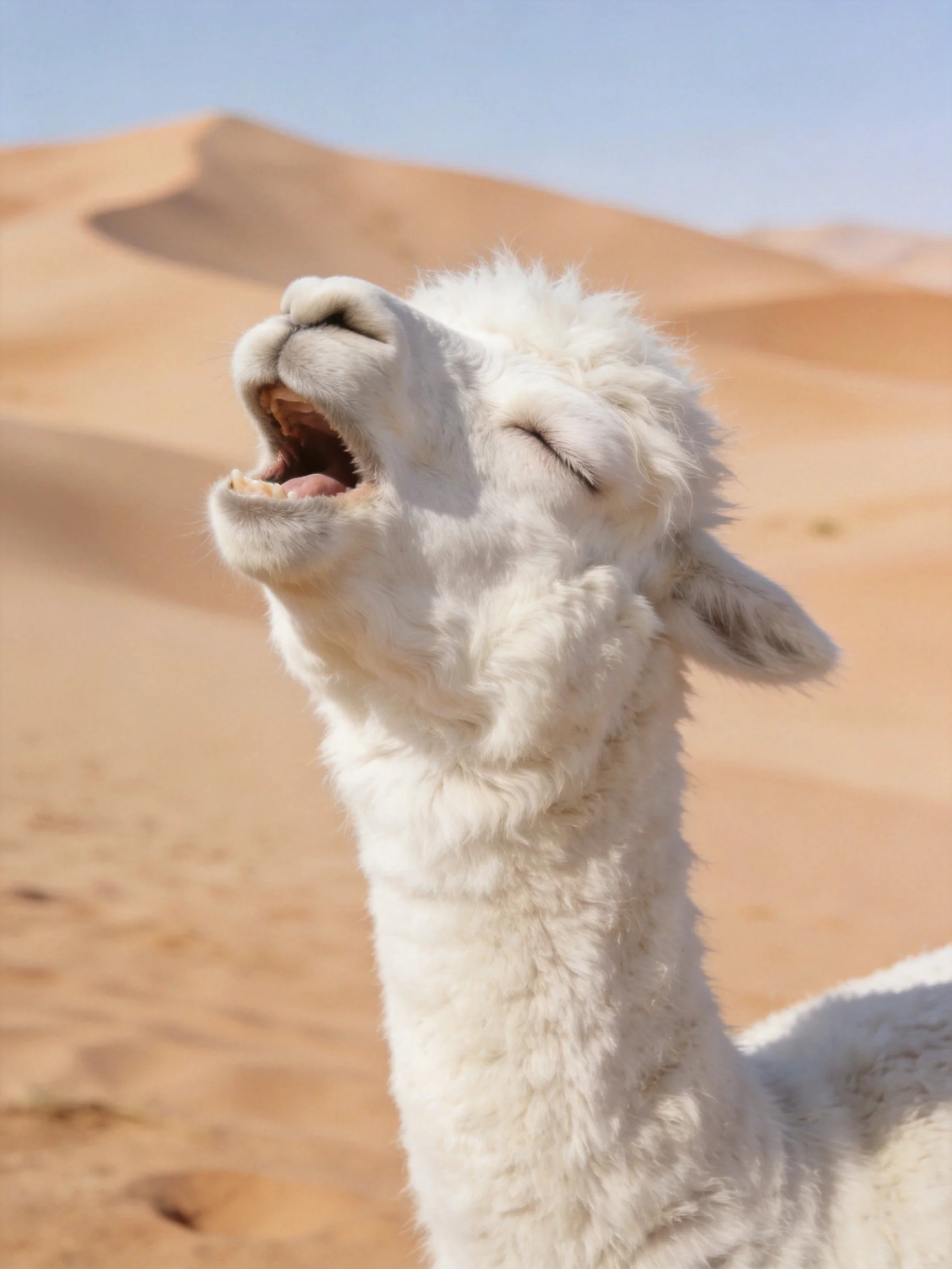 A fluffy white alpaca yawning in a sandy desert landscape