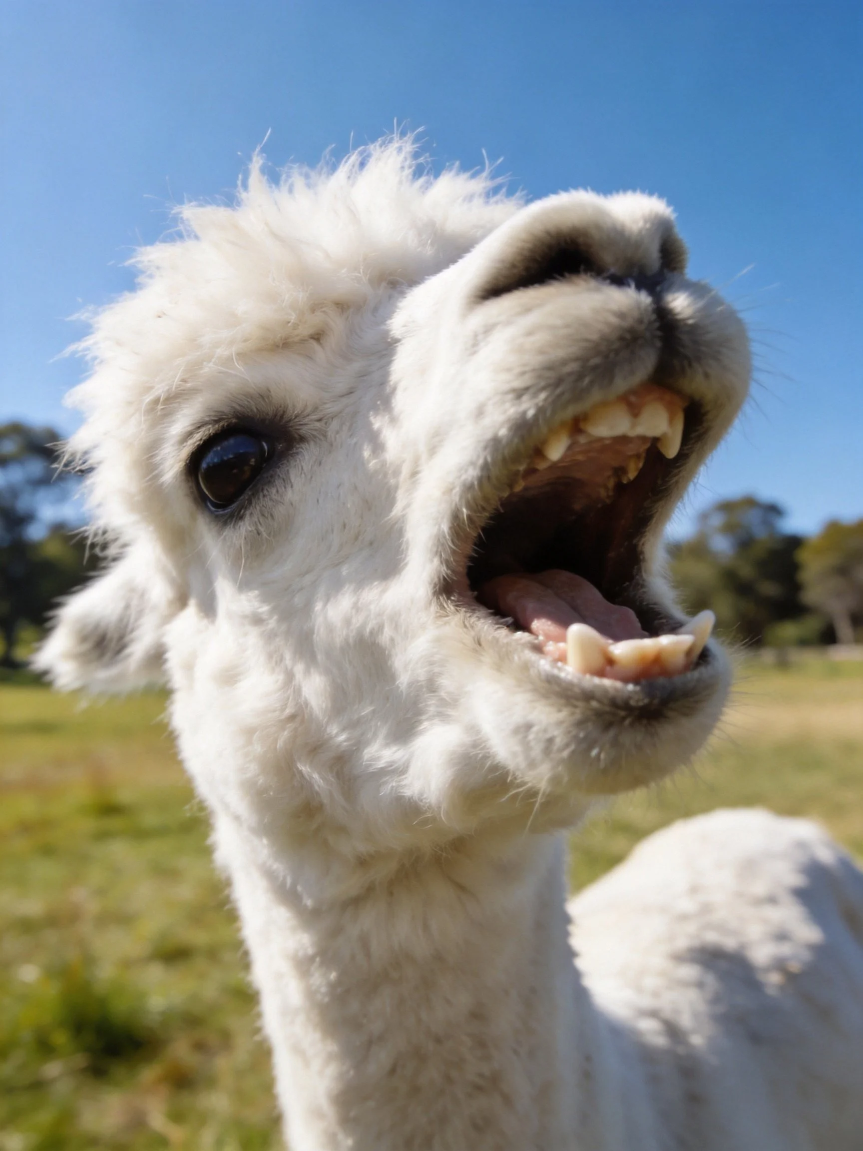 A fluffy white alpaca yawning in a sunny meadow