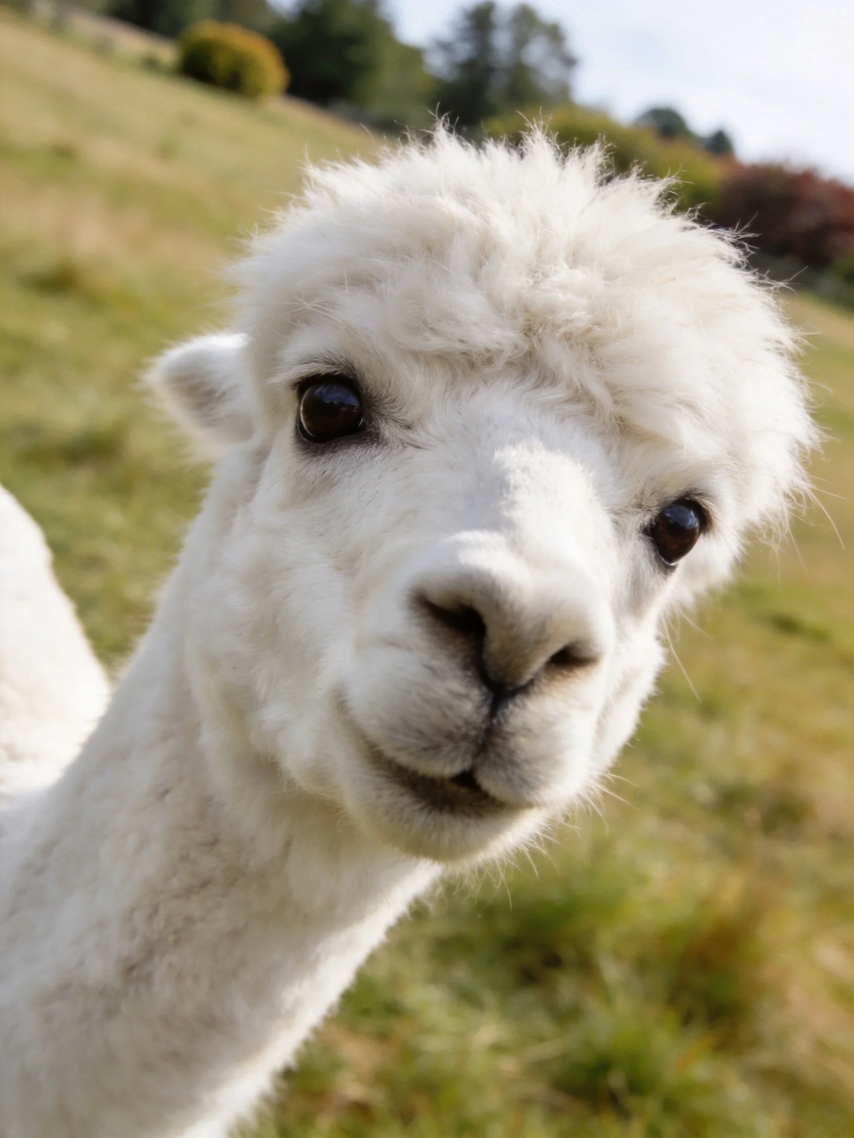 A fluffy white baby alpaca gazes curiously in an open field