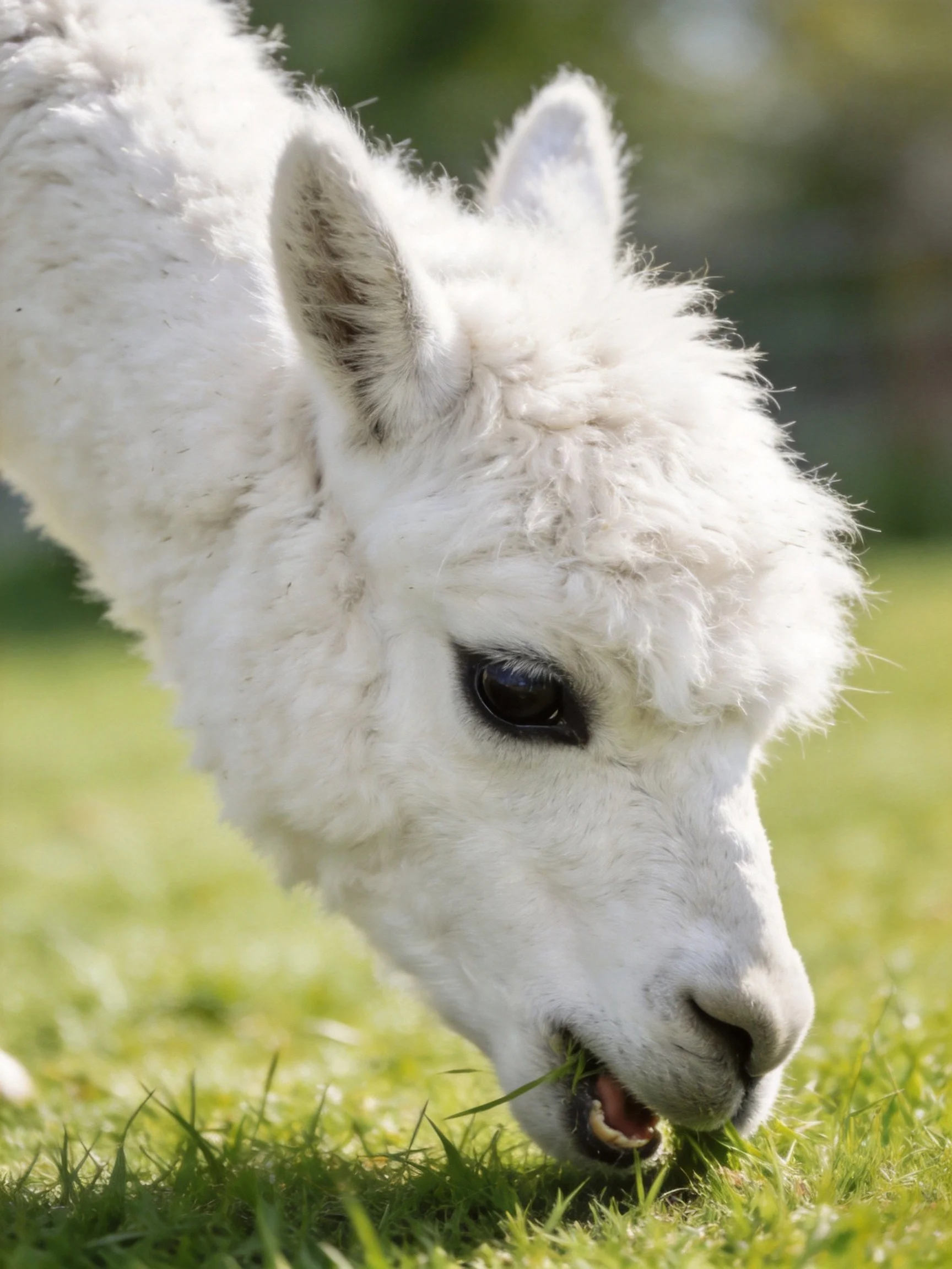 A fluffy white baby alpaca grazing on lush green grass