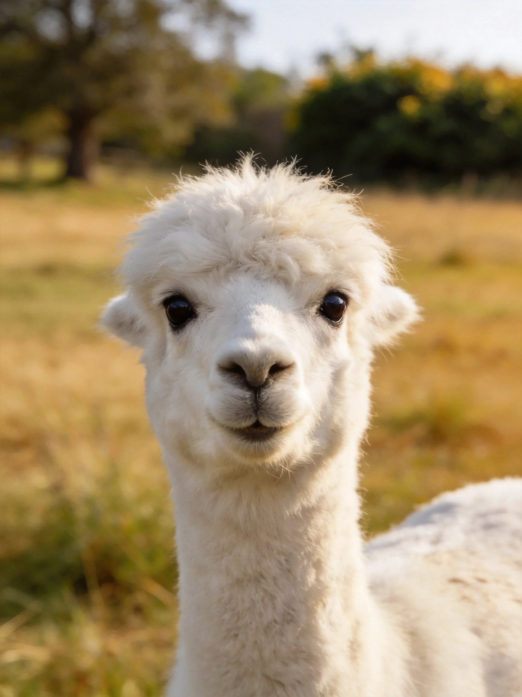A fluffy white baby alpaca in a sunlit grassy landscape