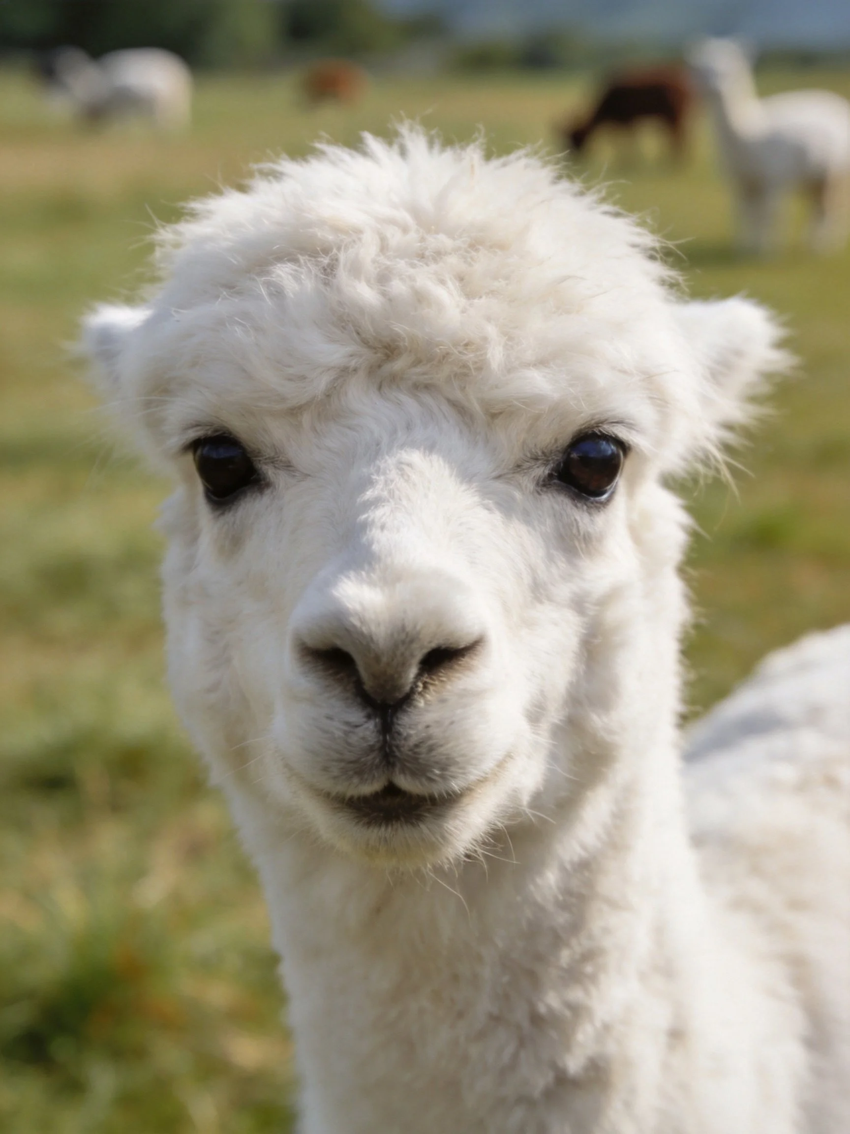 A fluffy white baby alpaca in a sunlit green pasture