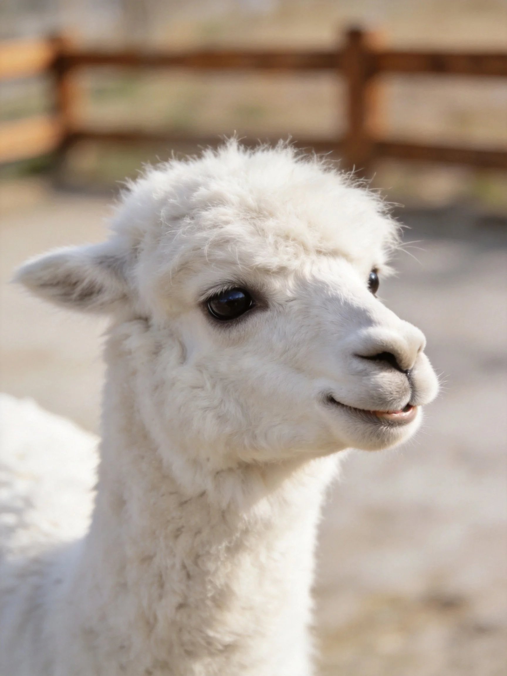 A fluffy white baby alpaca near a brown wooden fence