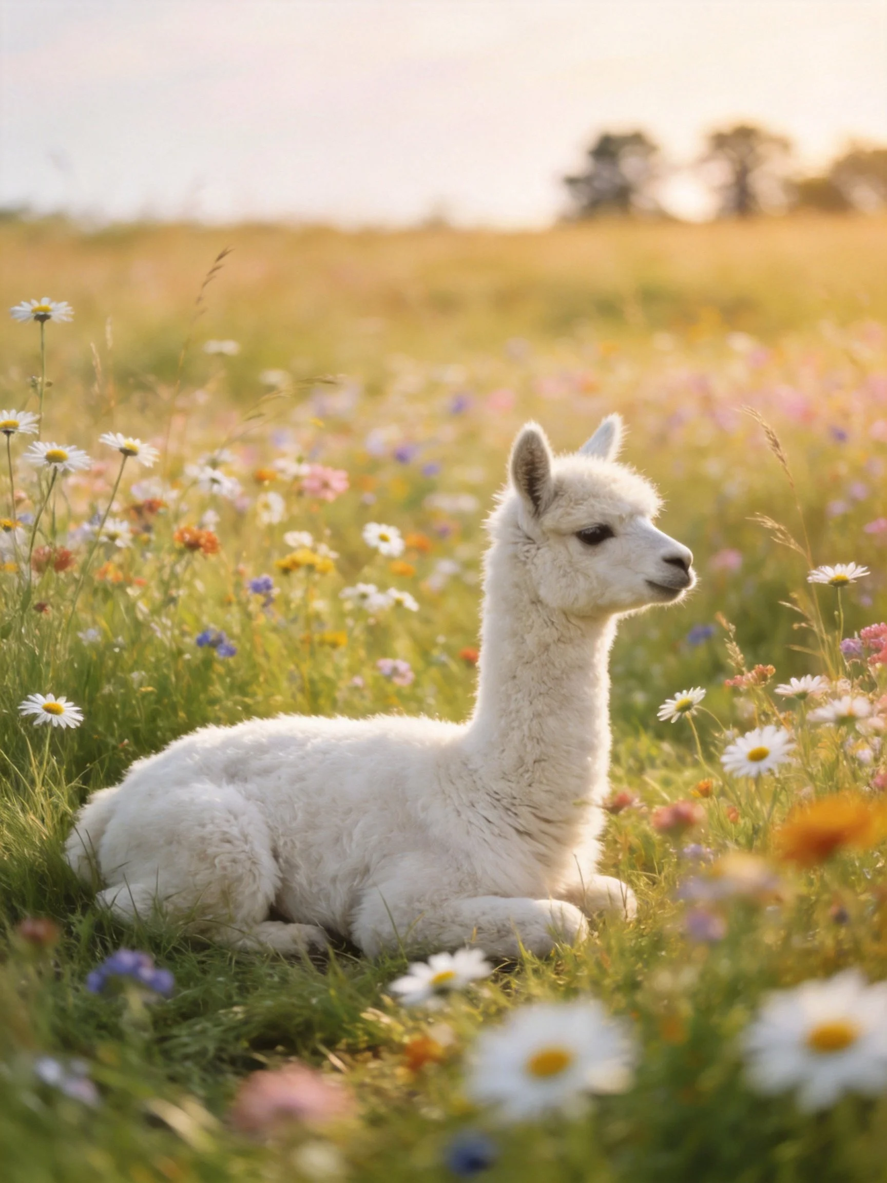 A fluffy white baby alpaca rests in a vibrant wildflower meadow