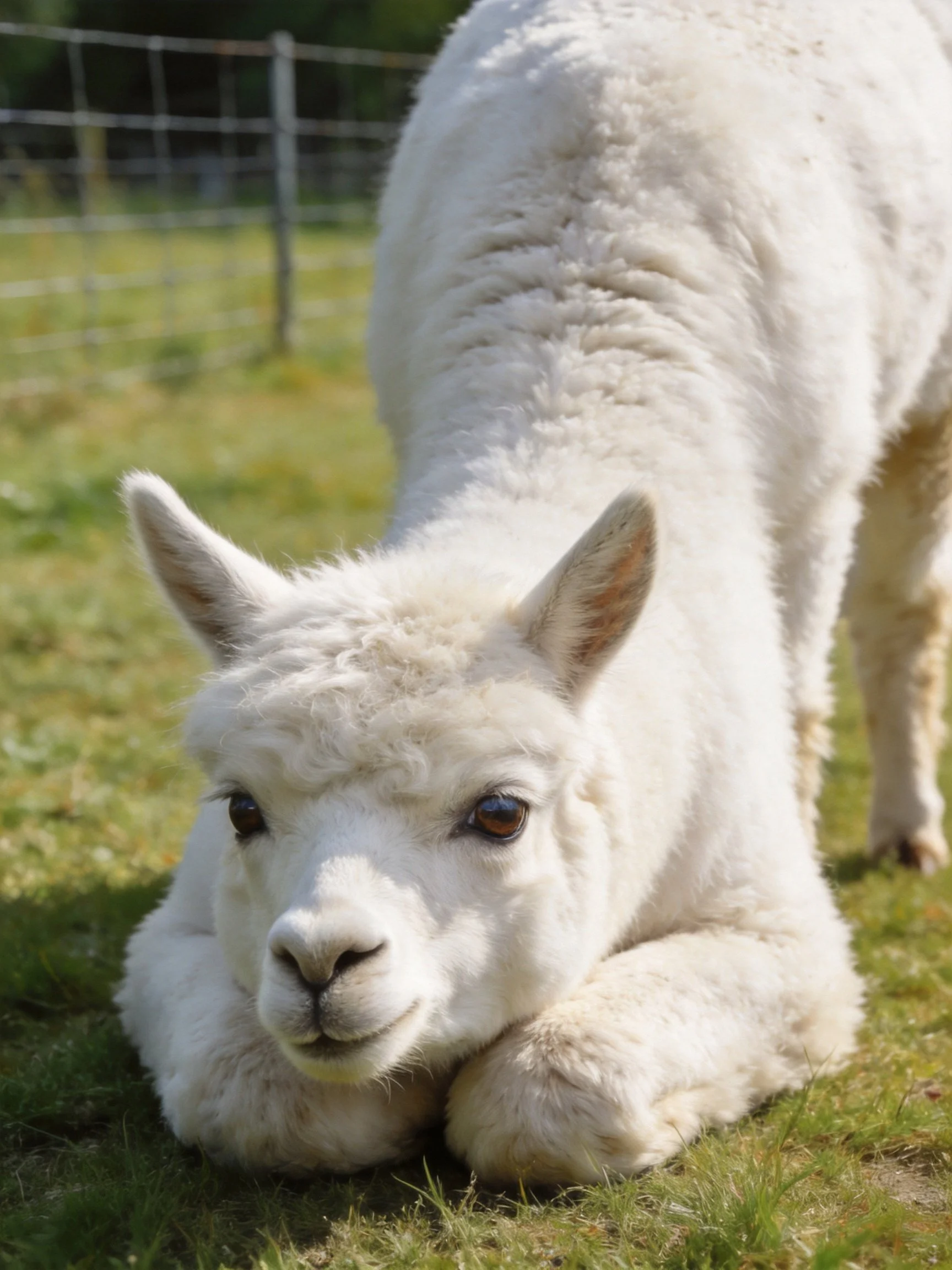 A fluffy white baby alpaca rests on green grass near a wire fence