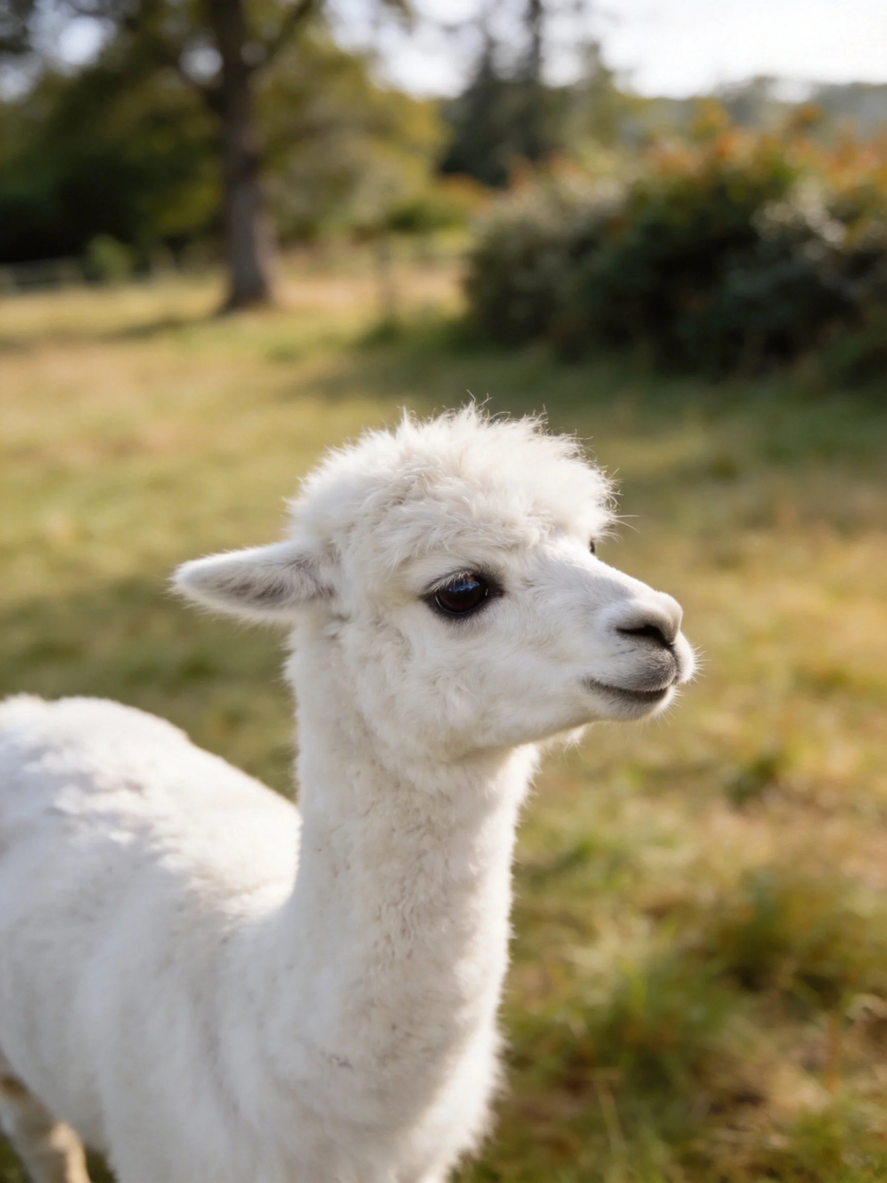 A fluffy white baby alpaca stands in a sunlit grassy field