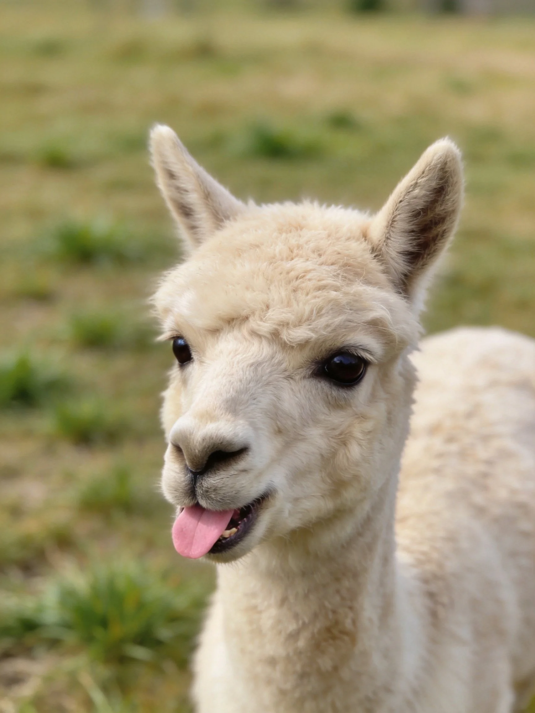 A fluffy white baby alpaca sticking out its tongue in a grassy field