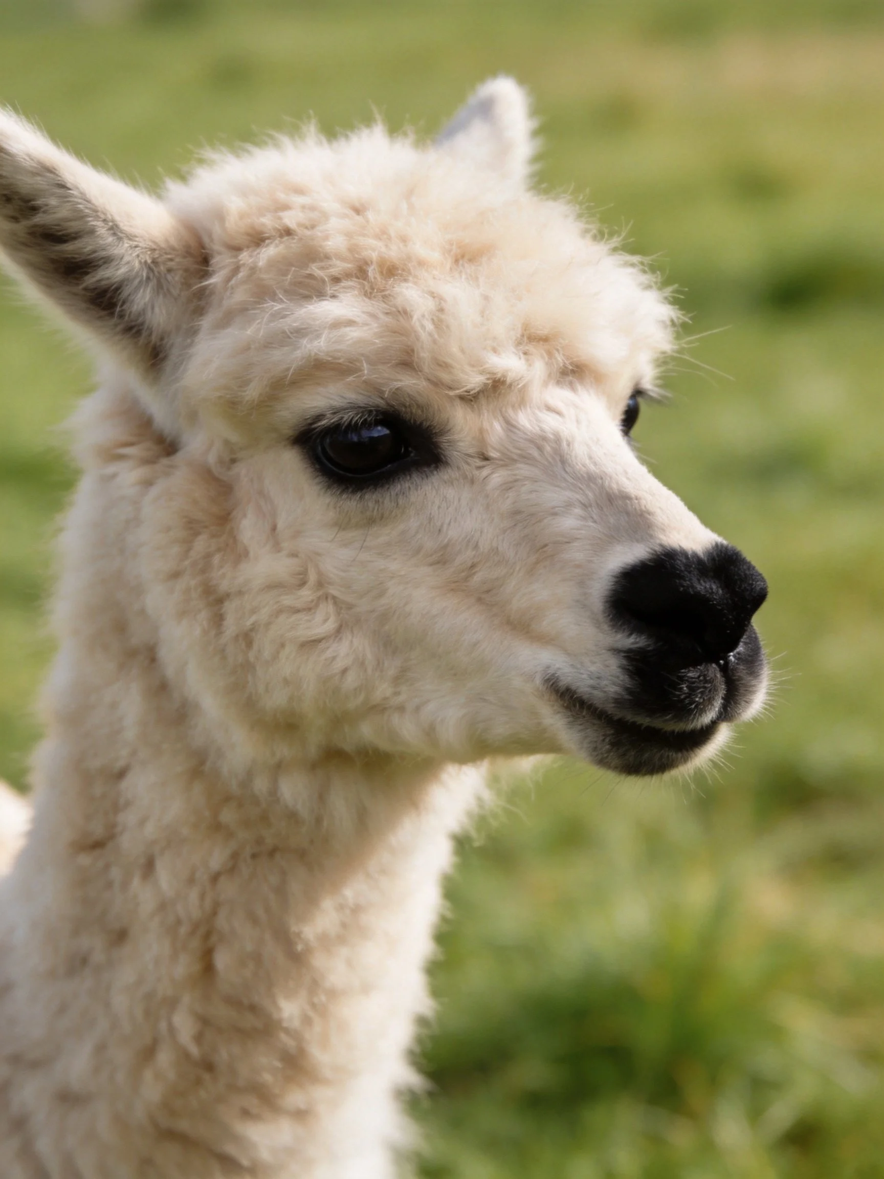 A fluffy white baby alpaca with dark eyes in a green field