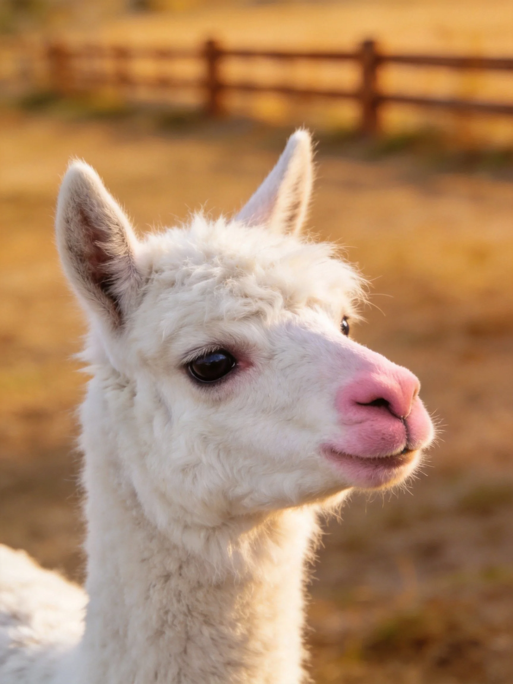 A fluffy white baby alpaca with pink nose in a sunlit farm area