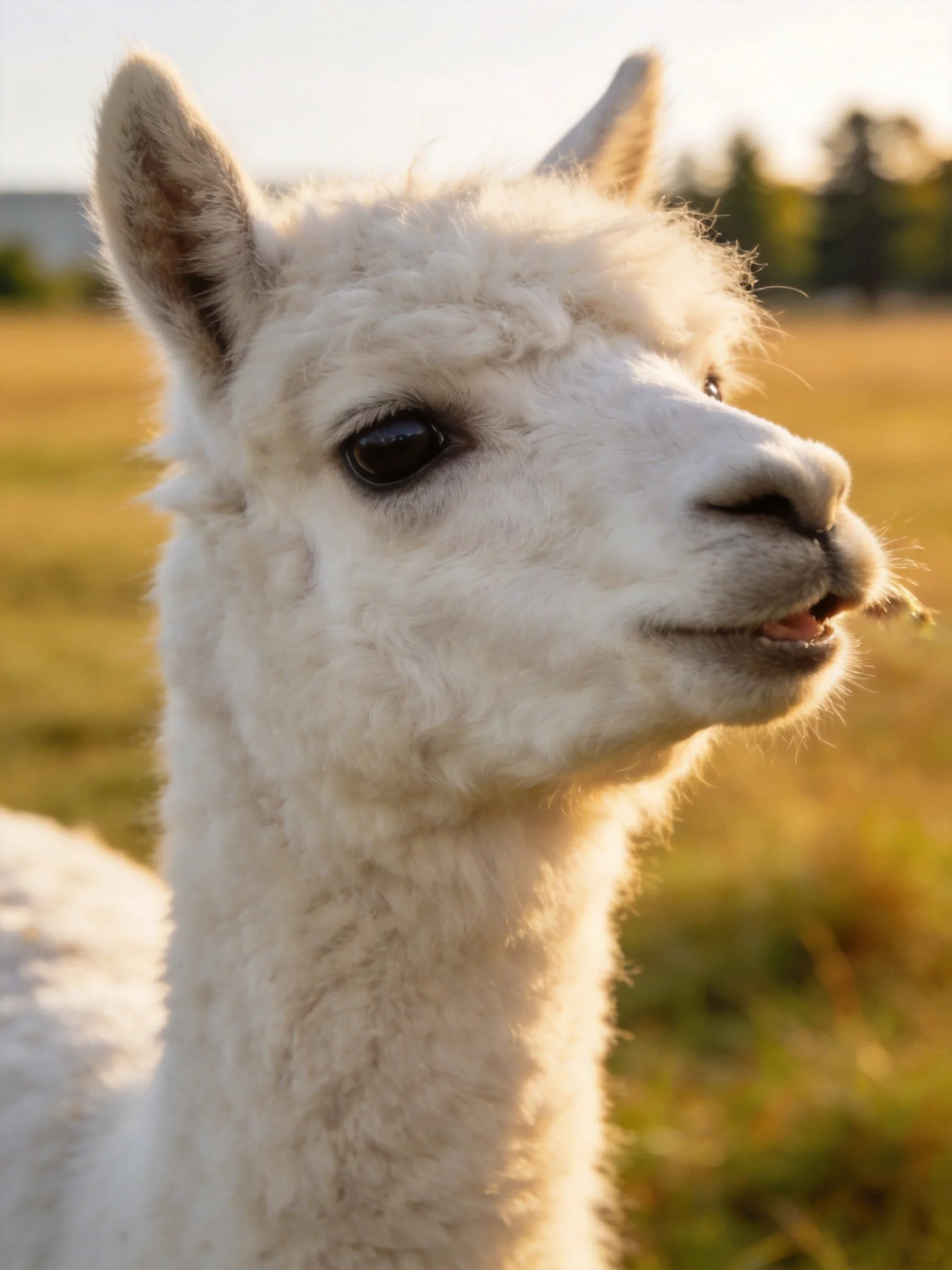 A fluffy white baby llama in a sunlit golden meadow