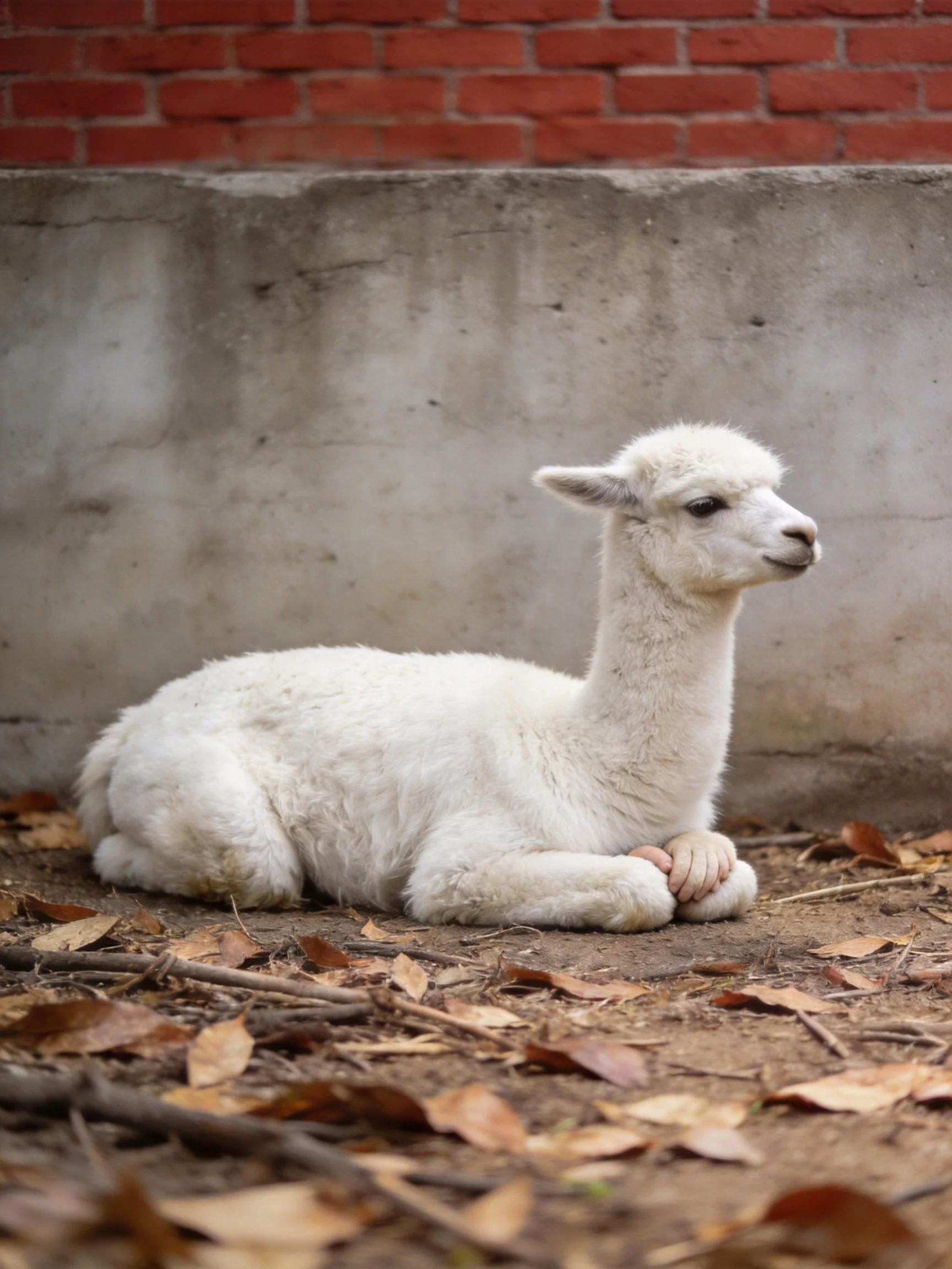 A fluffy white baby llama rests near a brick and concrete wall