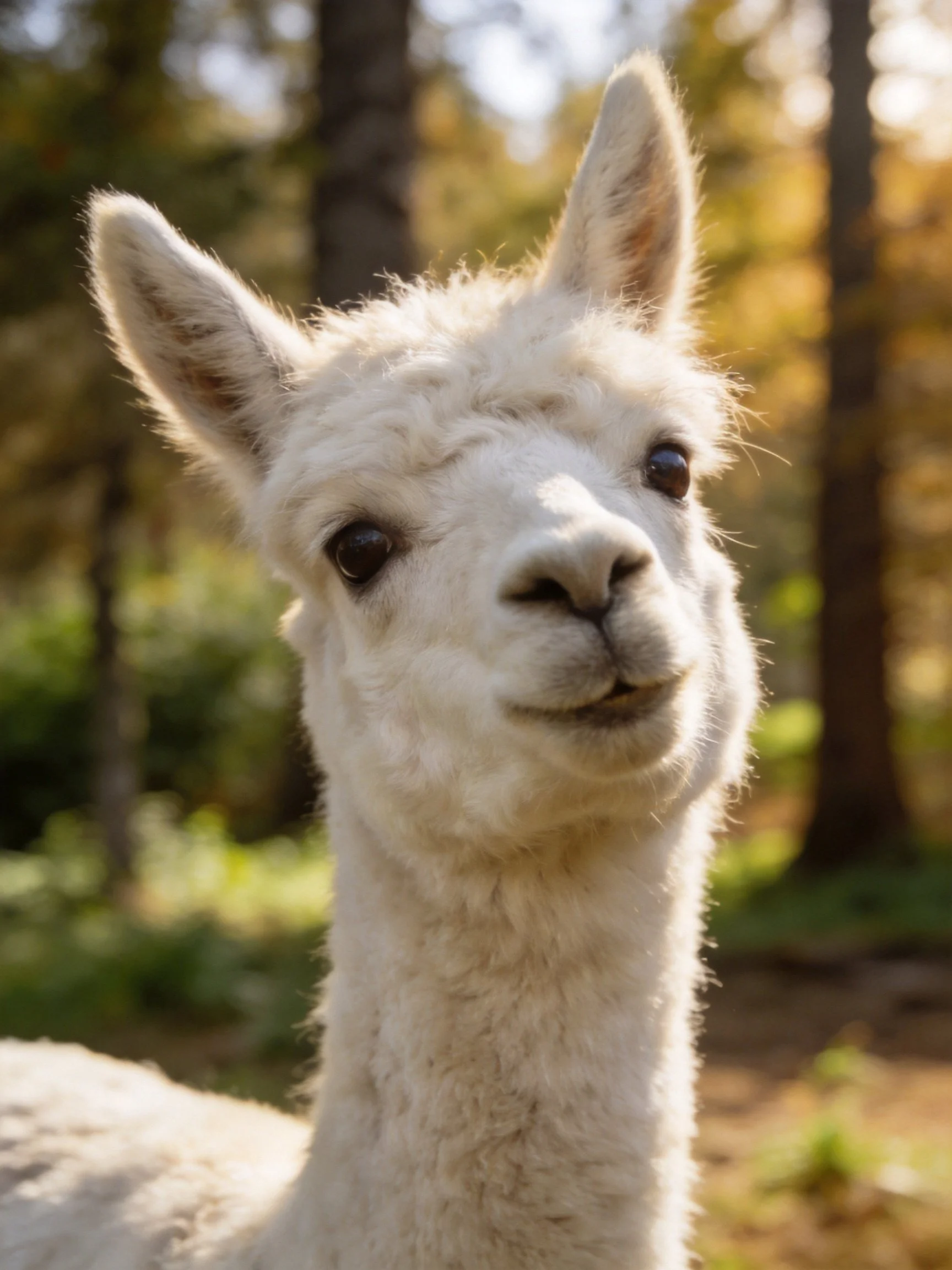 A fluffy white llama in a sunlit forest with blurred trees