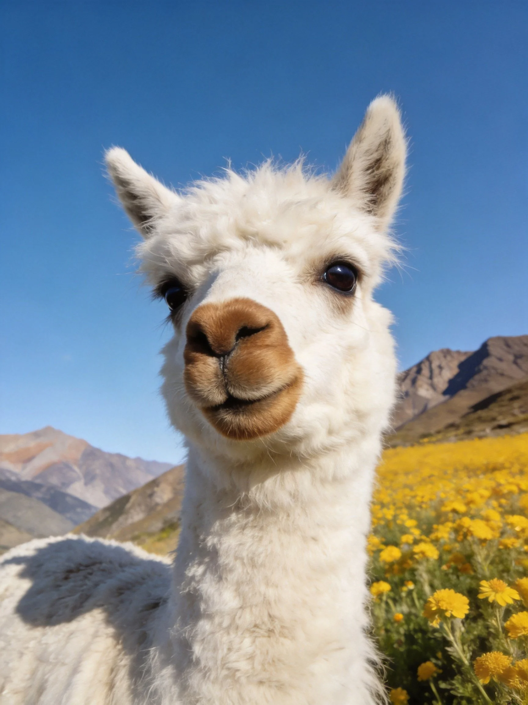 A fluffy white llama near vibrant yellow flowers with mountain backdrop