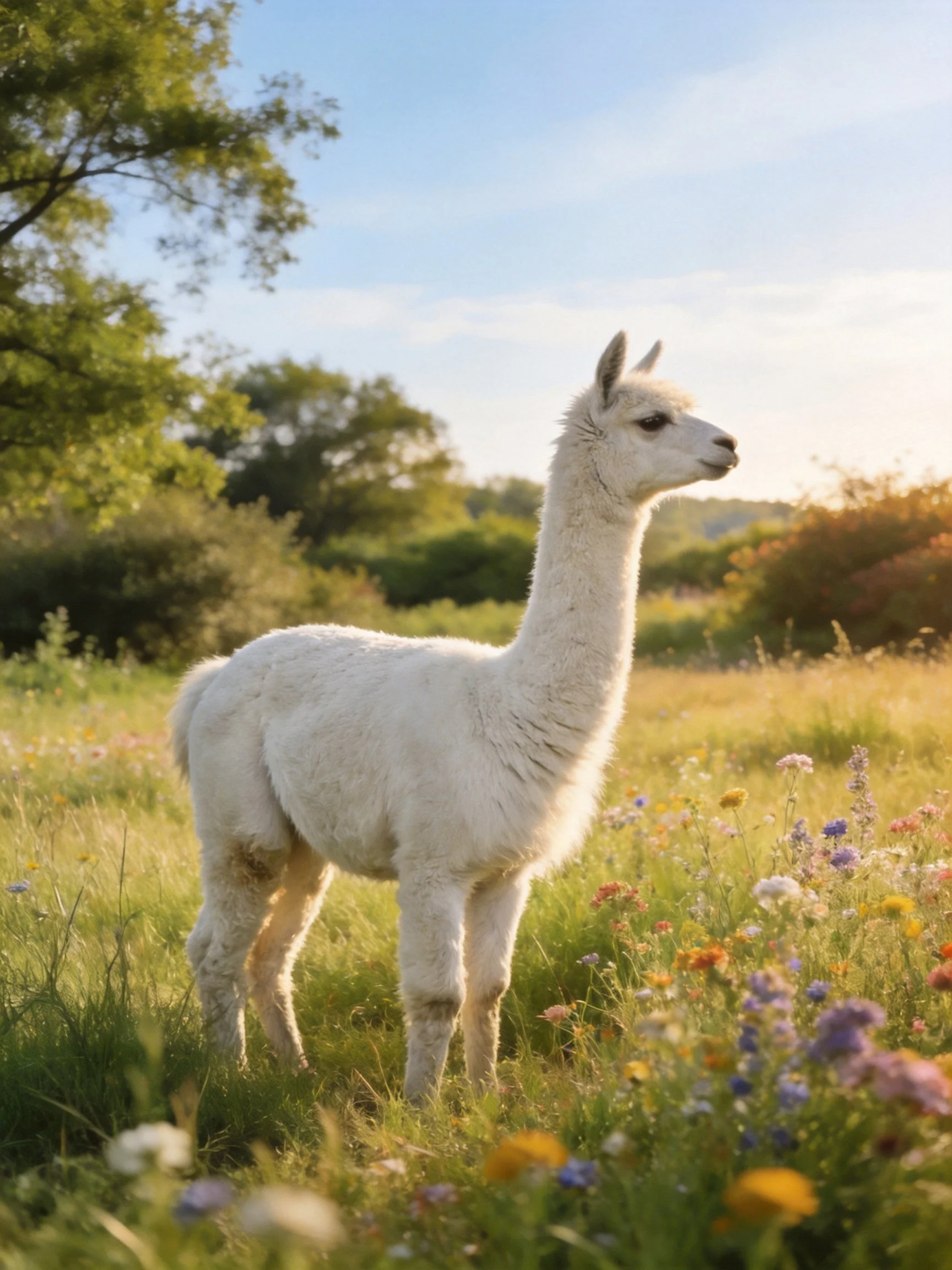 A fluffy white llama stands among colorful wildflowers in a sunlit field