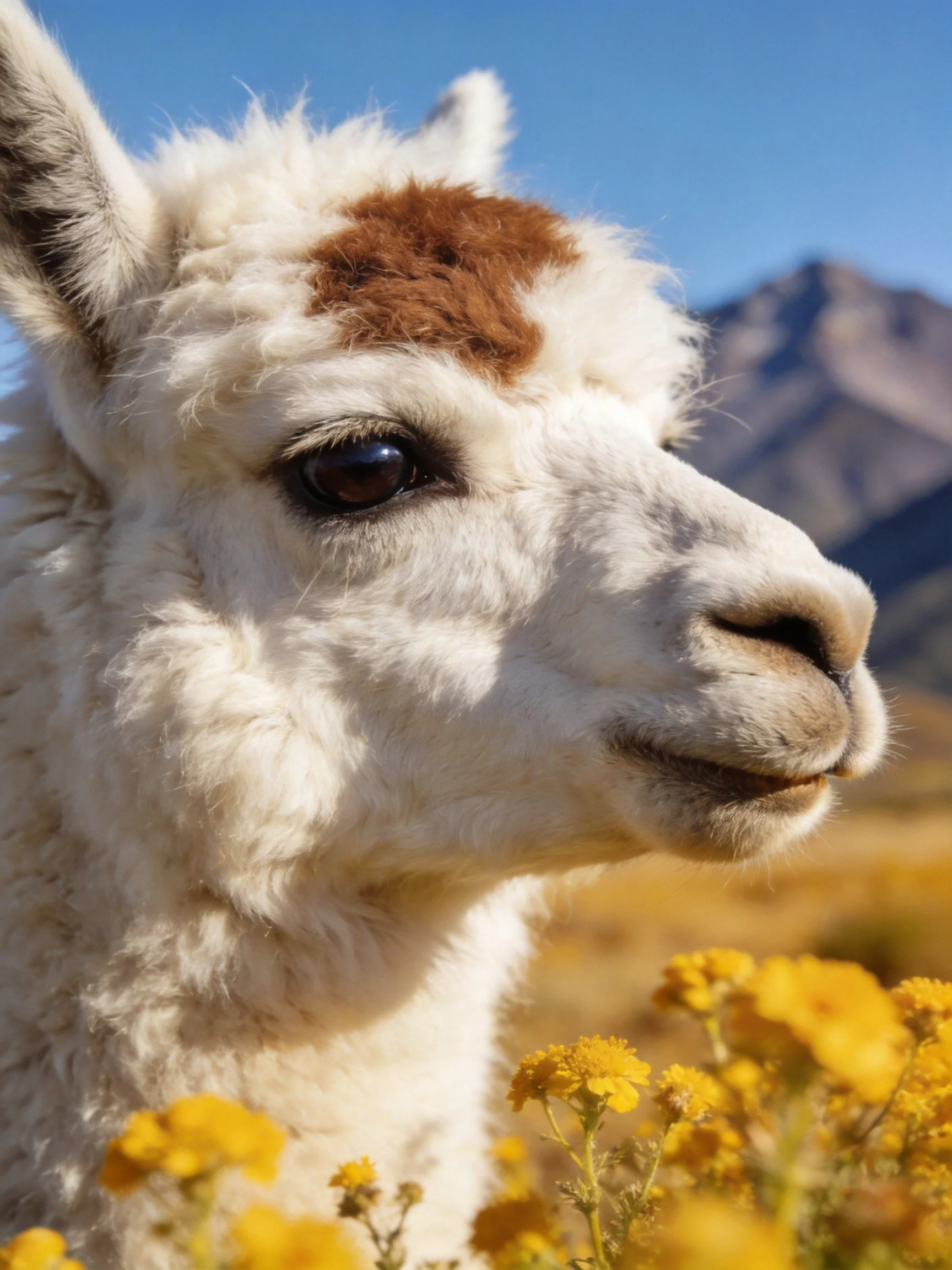 A fluffy white llama with a brown patch near yellow wildflowers and mountains
