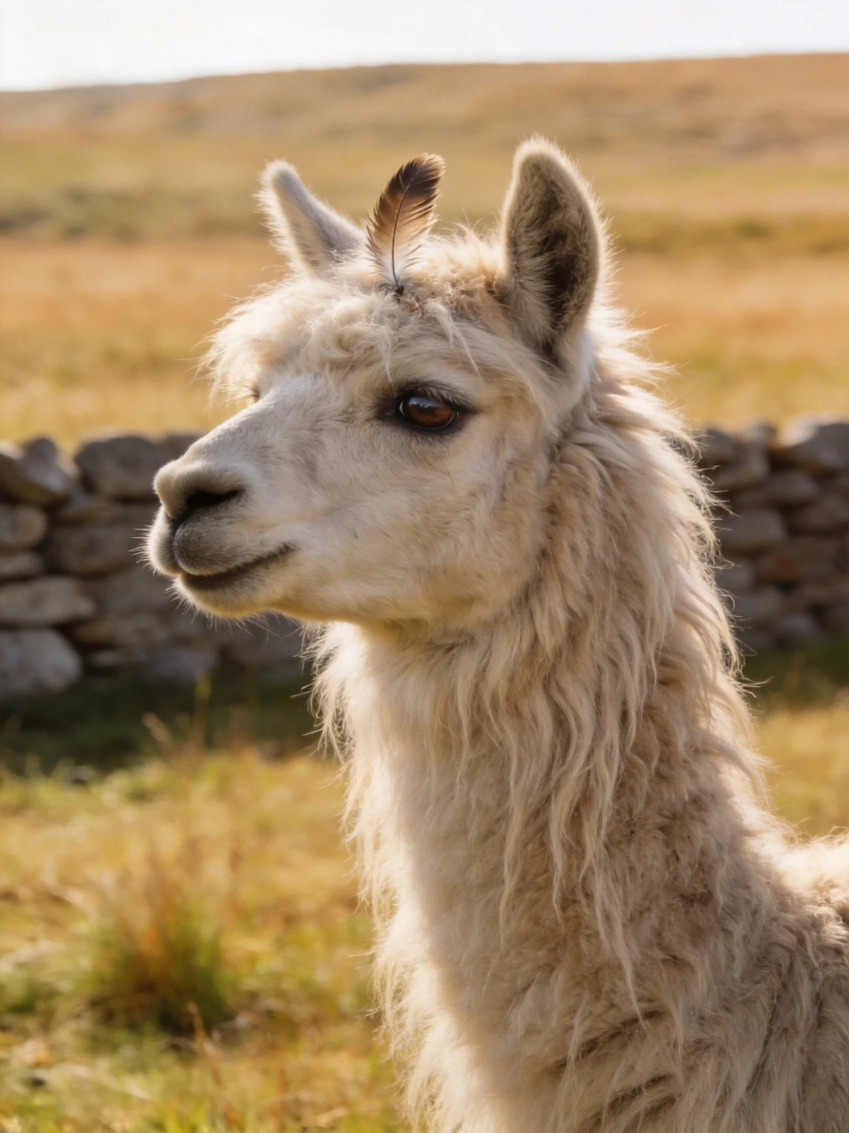 A white llama with a feather is positioned near a stone wall in a sunlit field.
