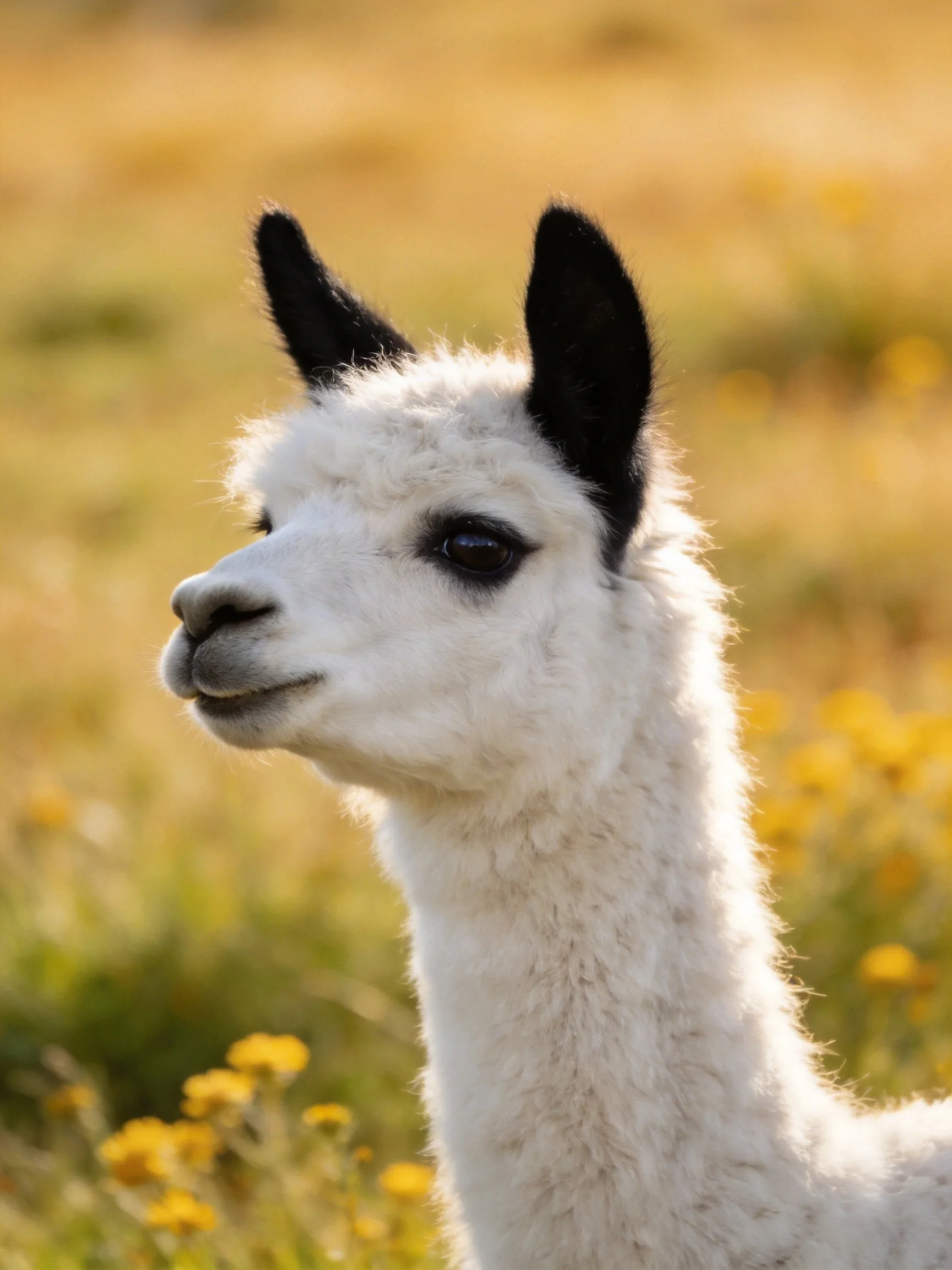 A white llama with black ears is near yellow wildflowers in a sunlit meadow.