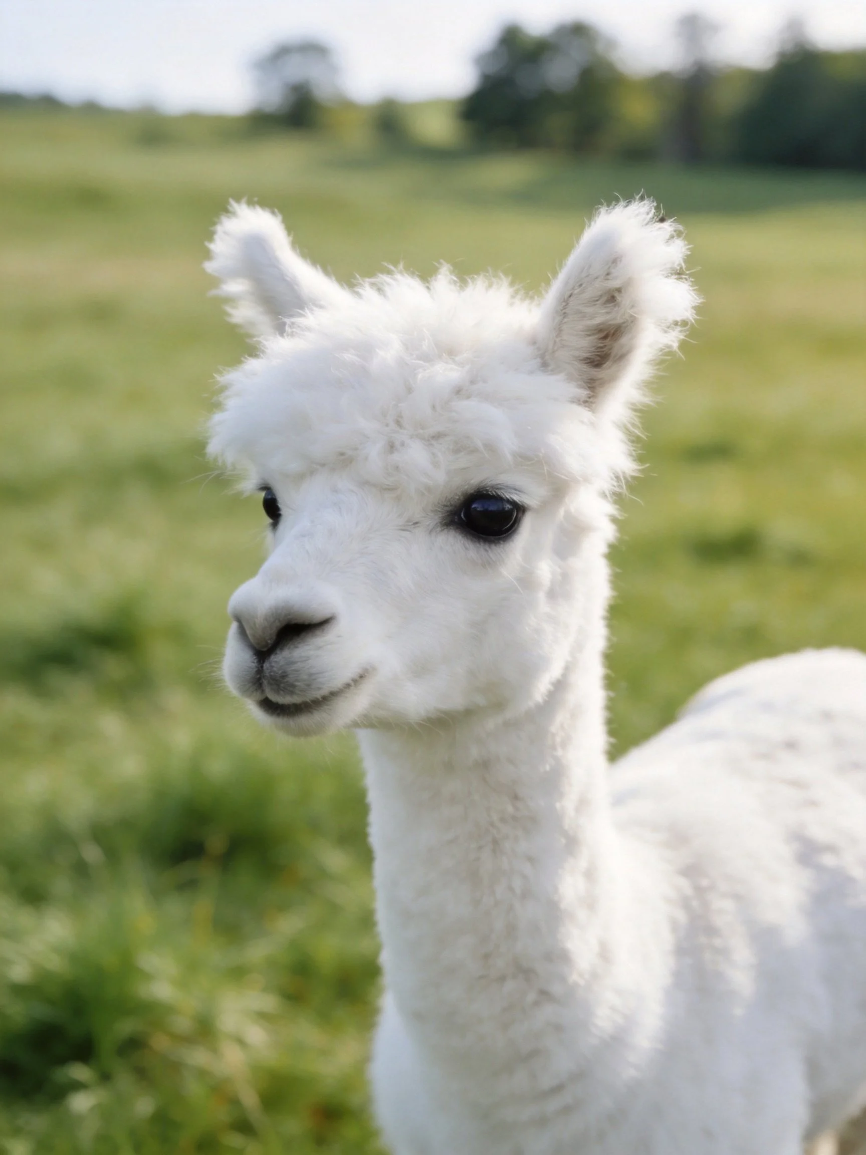 A fluffy young white alpaca in a sunlit green meadow