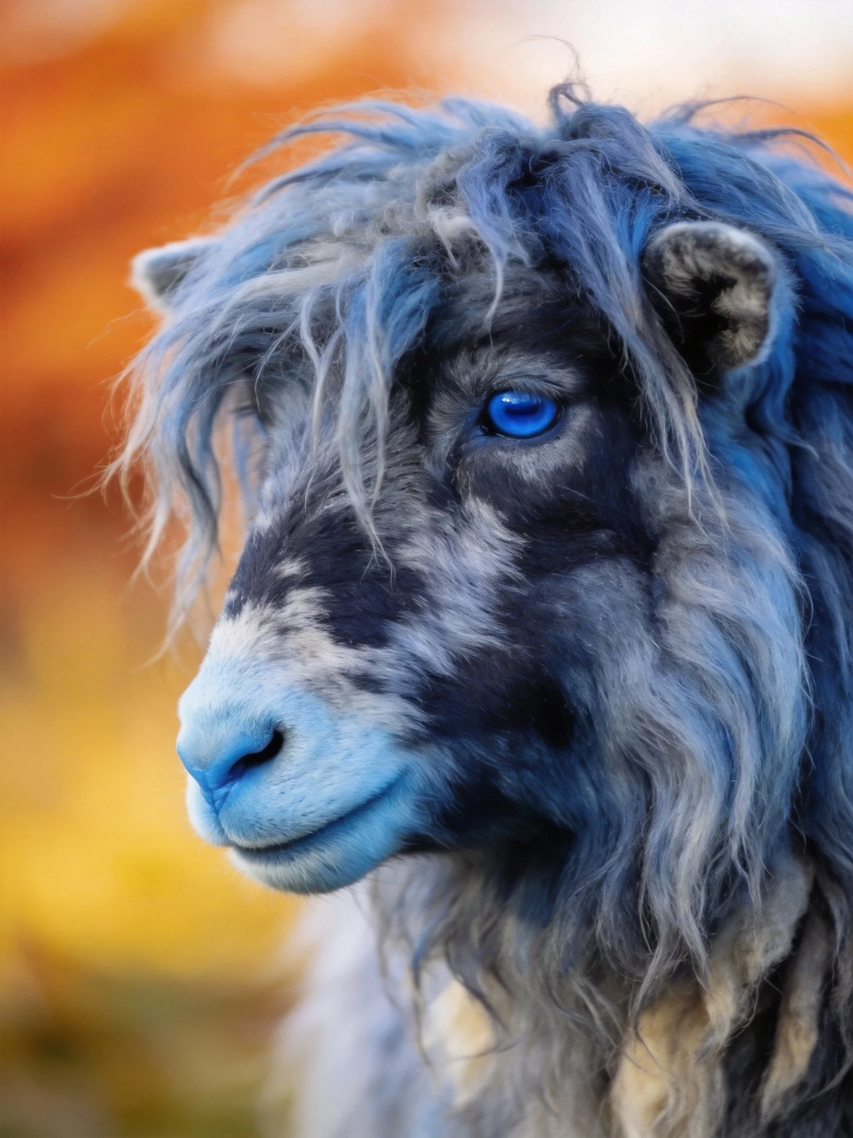 A goat - like creature with vivid blue eyes and shaggy gray fur