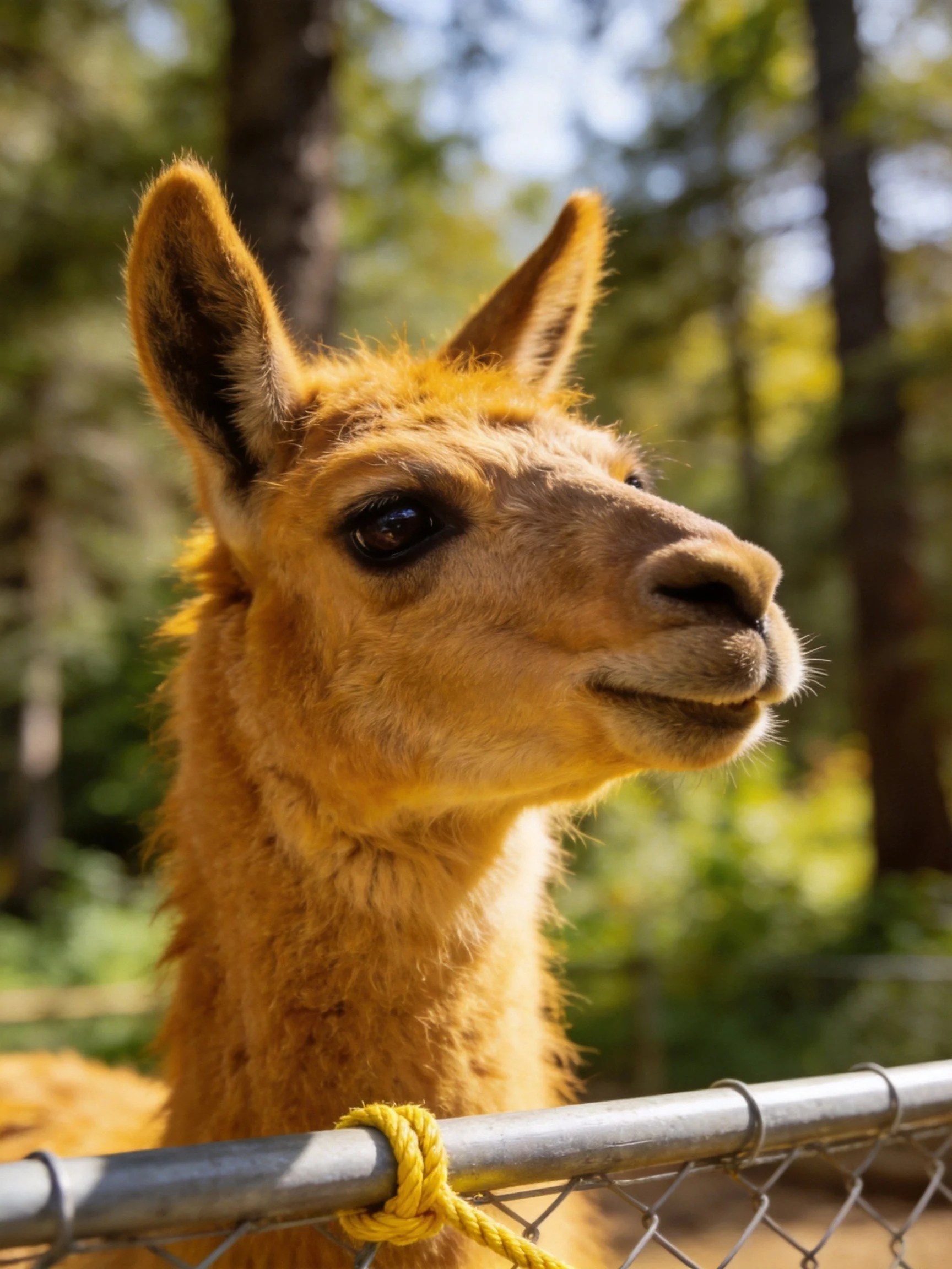 A golden llama near a chain-link fence in a sunlit forest