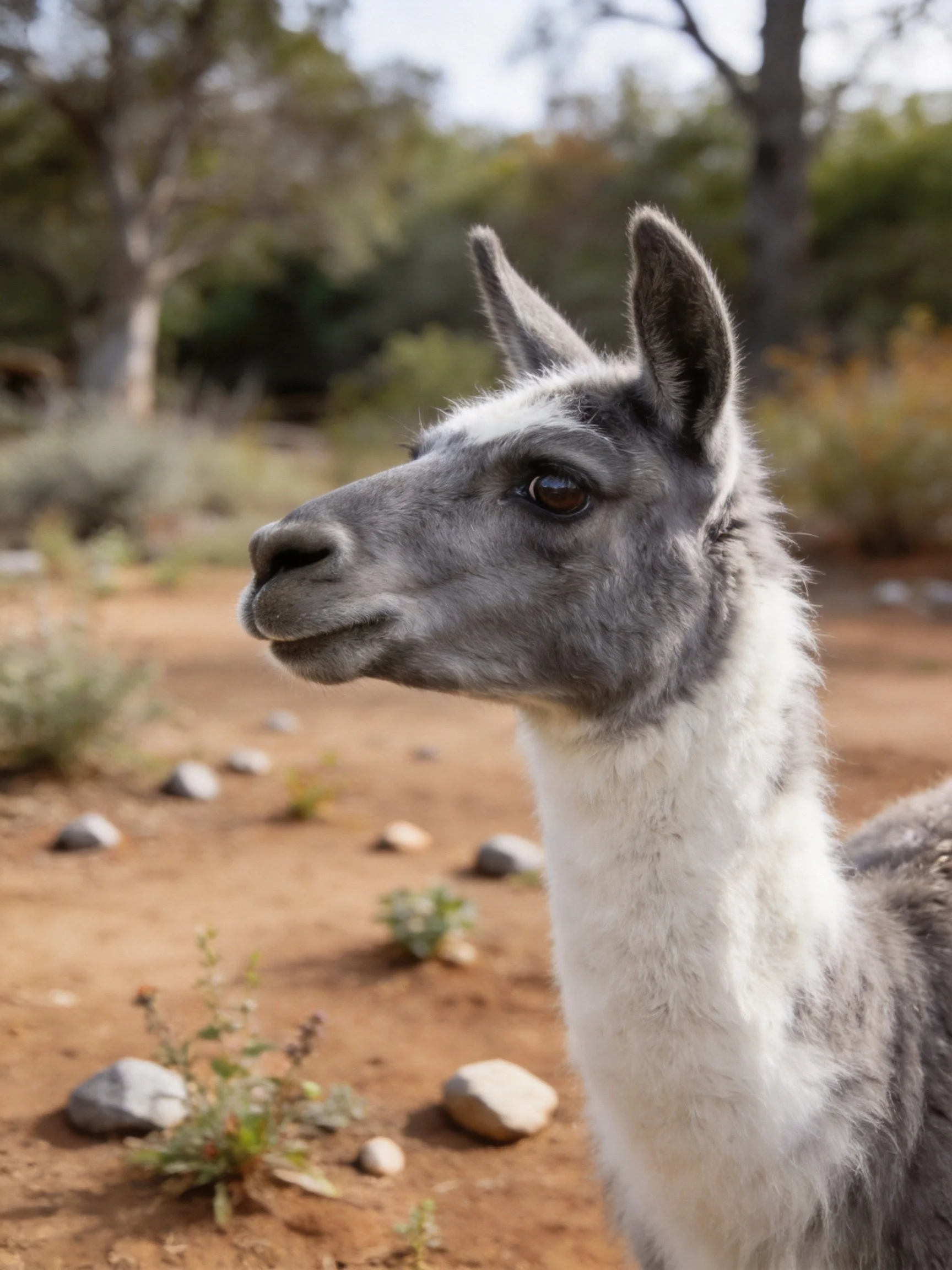 A gray and white llama near scattered rocks in a natural landscape