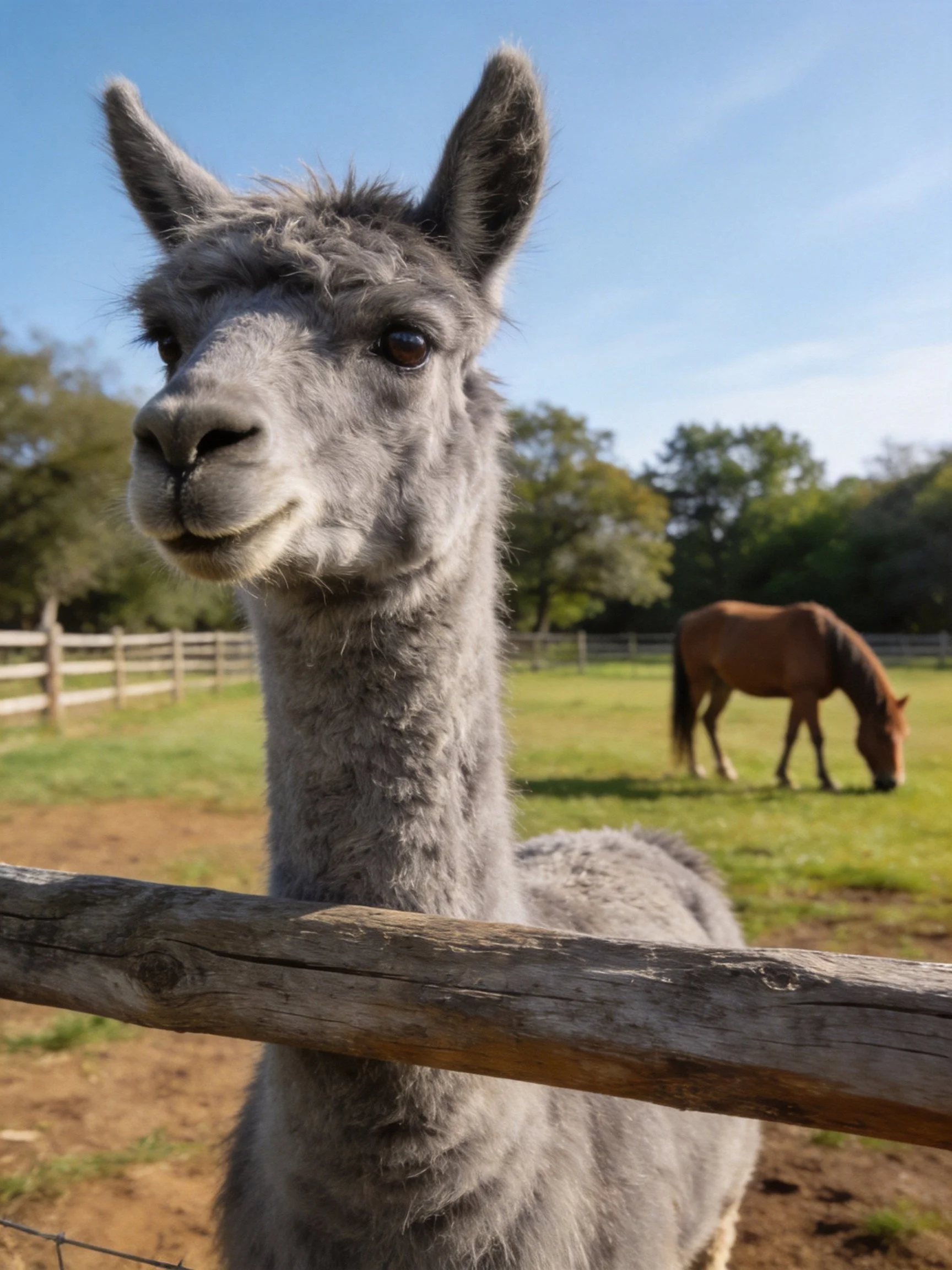 A gray llama near a wooden fence with a brown horse grazing