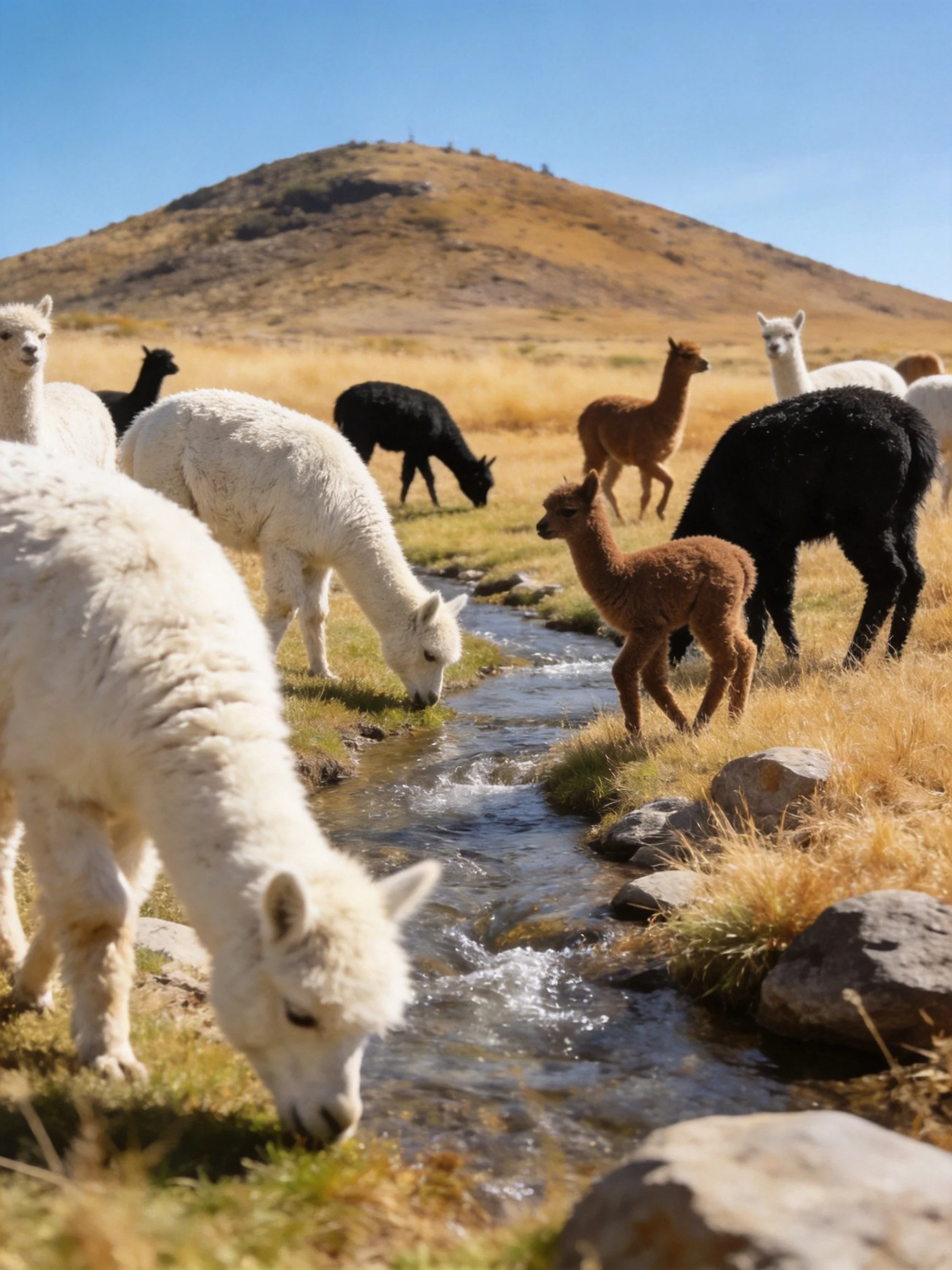 A group of colorful alpacas gathered by a stream with a dry hillside