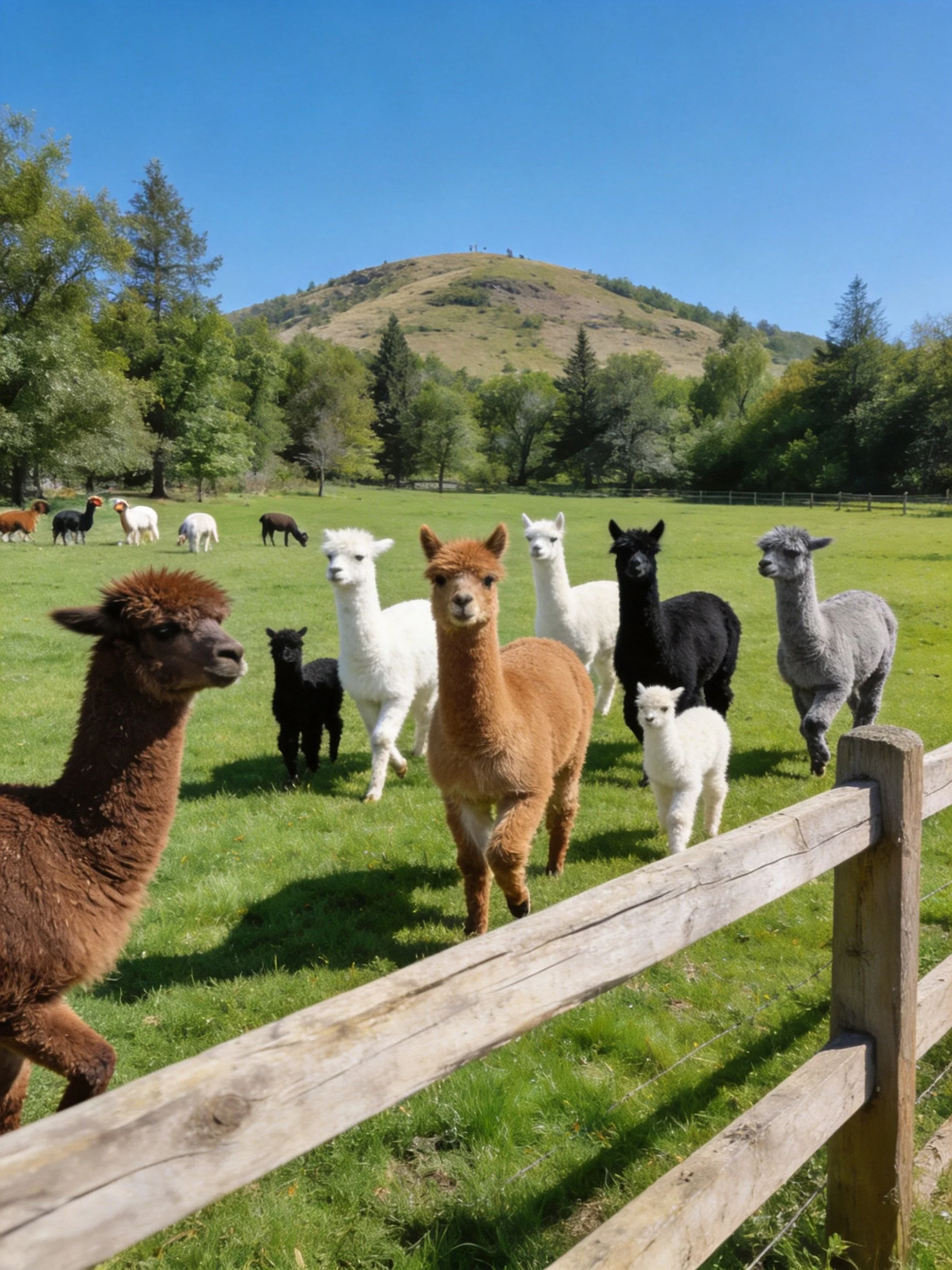 A group of colorful alpacas in a sunny green pasture