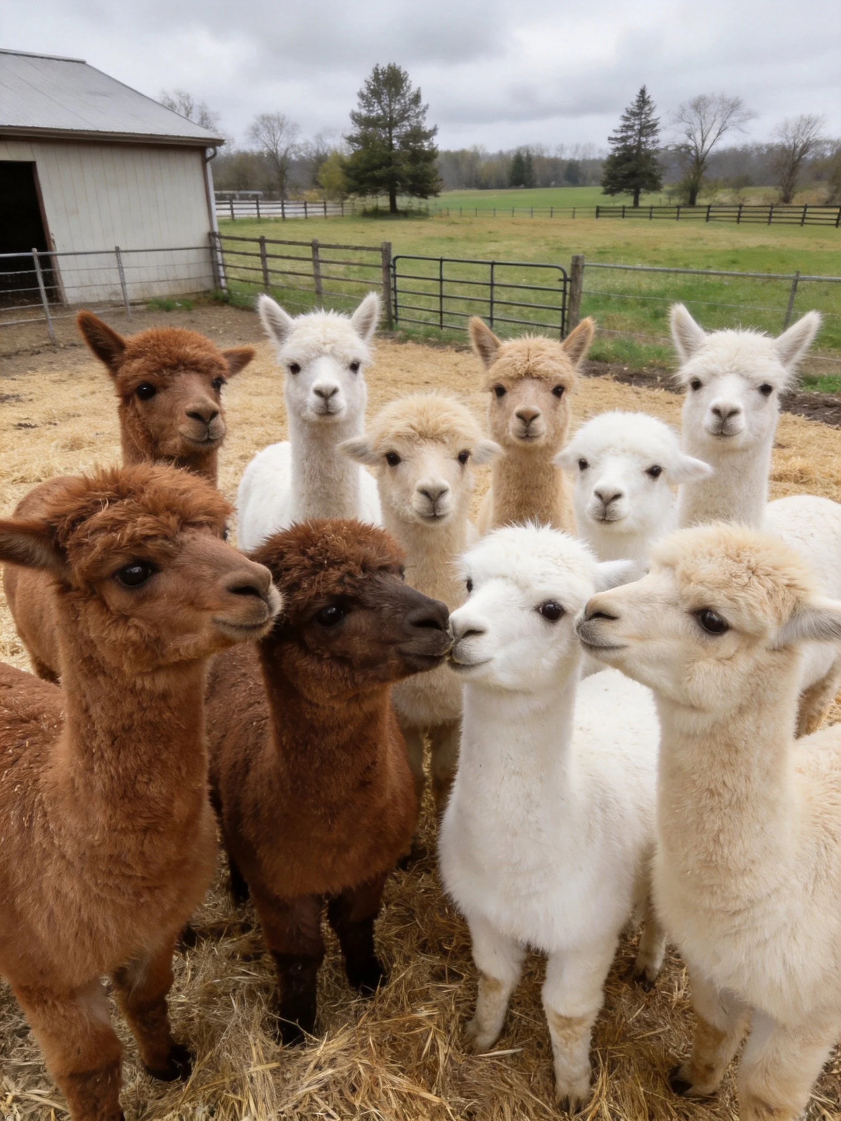 A group of multi-colored alpacas gathered on hay near a barn