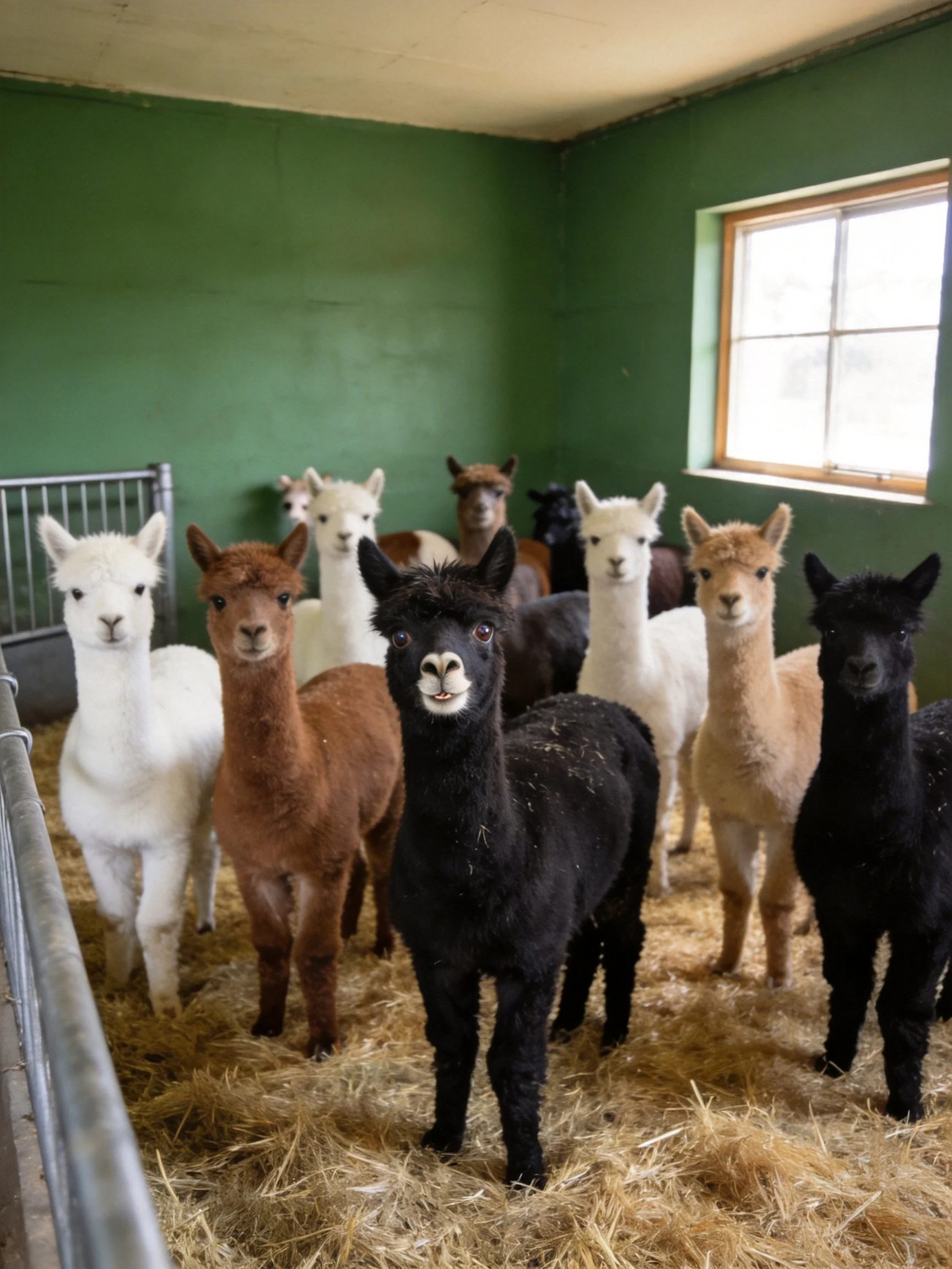 A group of multicolored alpacas in a green barn with straw