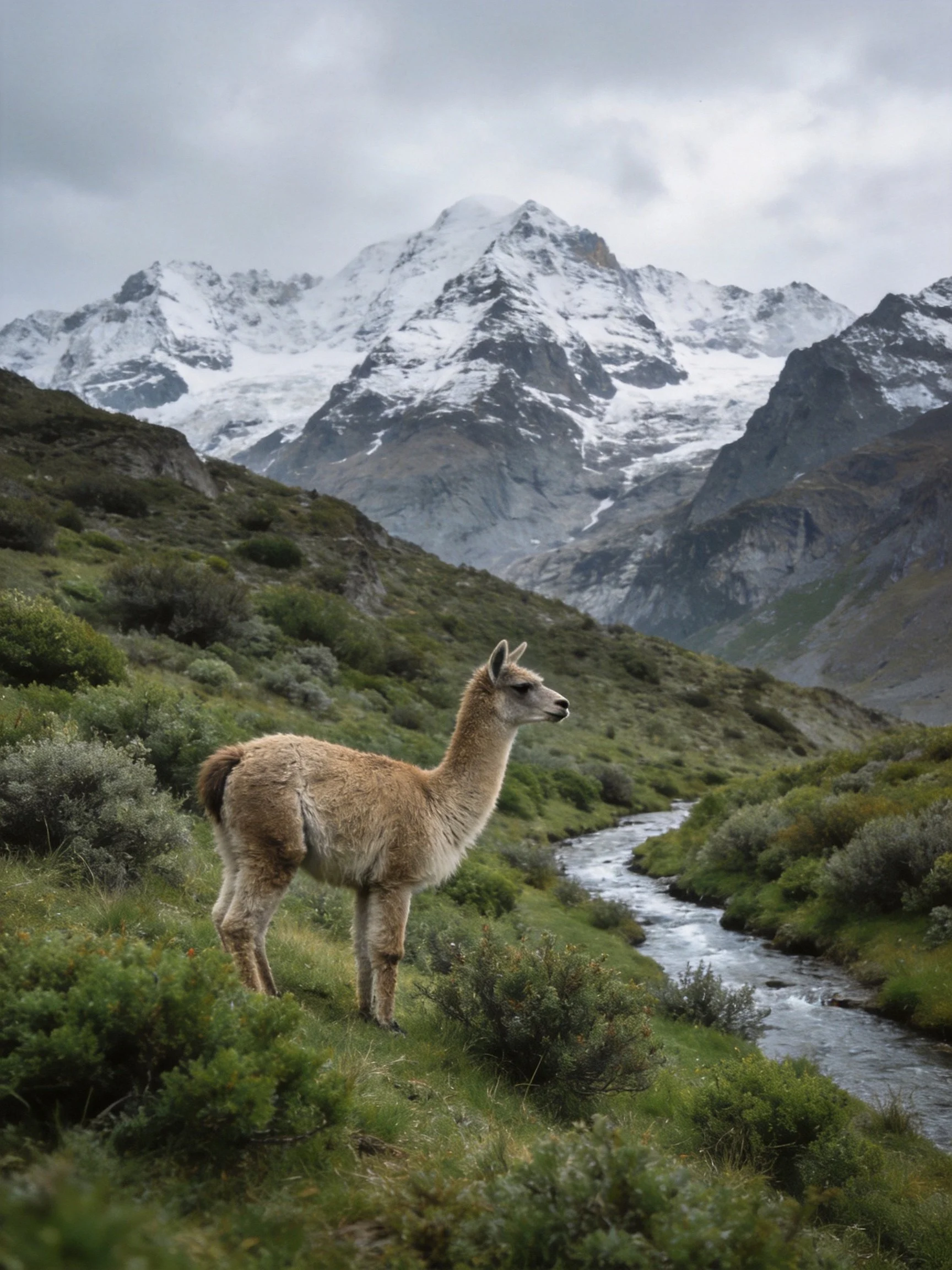 A guanaco stands near a stream with snow-capped mountains