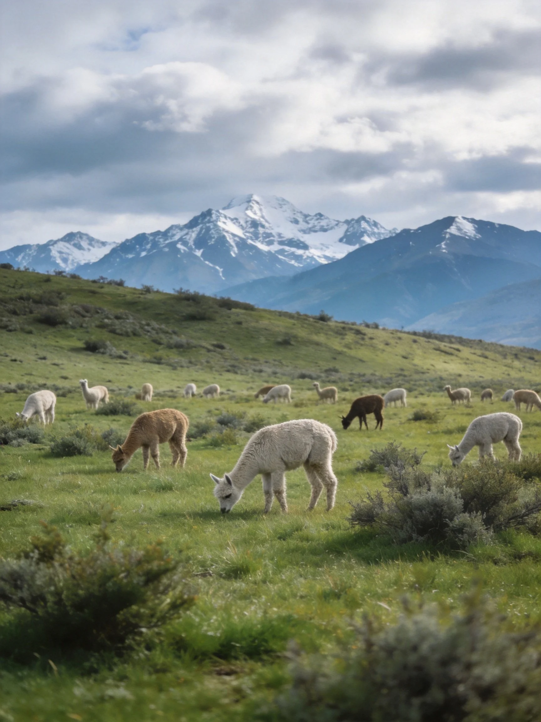 A herd of alpacas grazing in a verdant meadow near snow - capped peaks