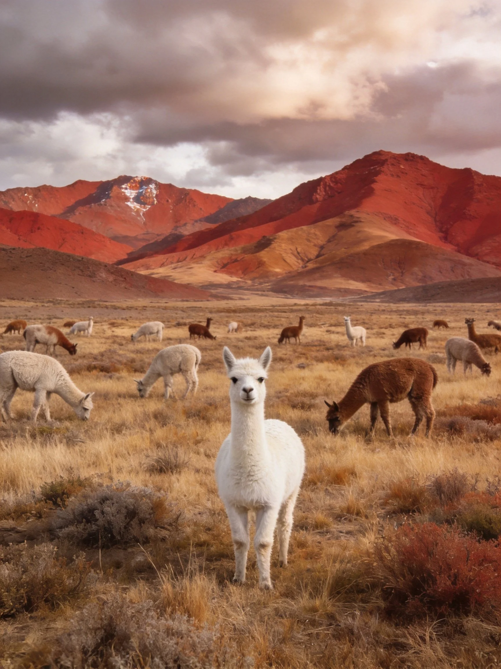 A herd of llamas grazes in a golden field near vibrant red mountains